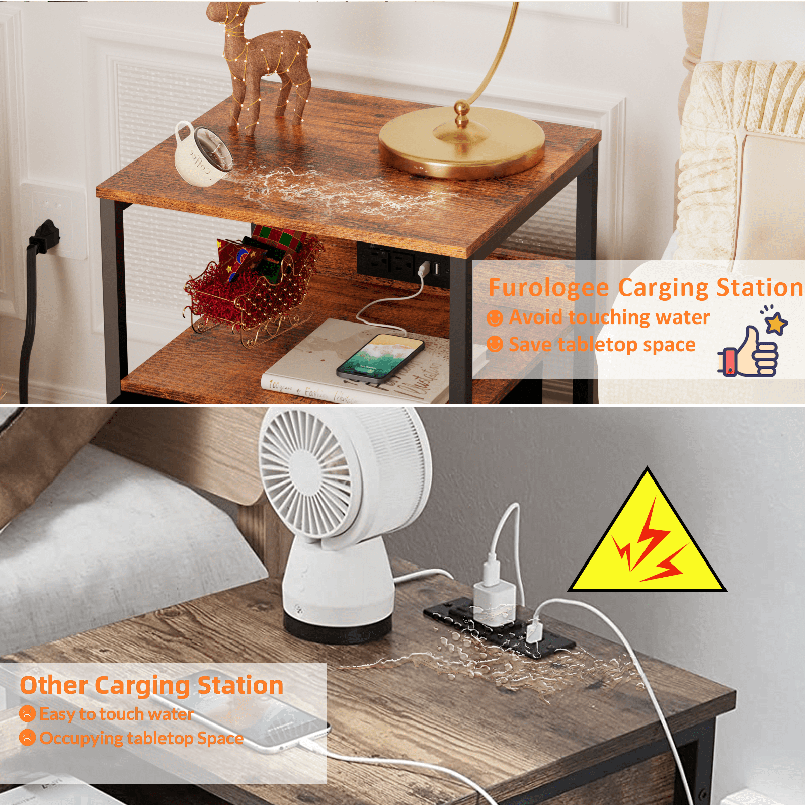 Furologee Set of 2 Nightstands, End Table with Charging Station, Bedside Tables with 2 Fabric Drawers, Night Stands with USB Ports & Power Outlets for Bedroom/Living Room/Hallway - Image 5