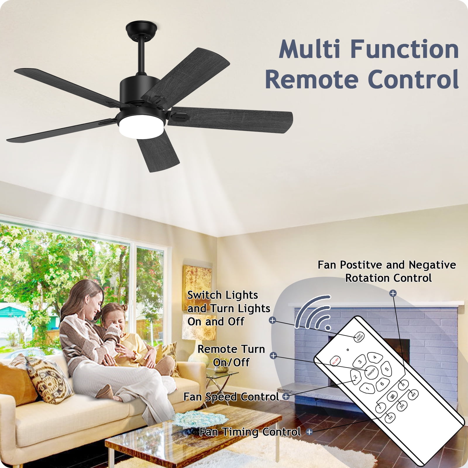 SKEVEN 52'' Ceiling Fan with Light and Remote Control, 6-Speed Reversible DC Motor, 5 Wood Fan Blades,Black - Image 4