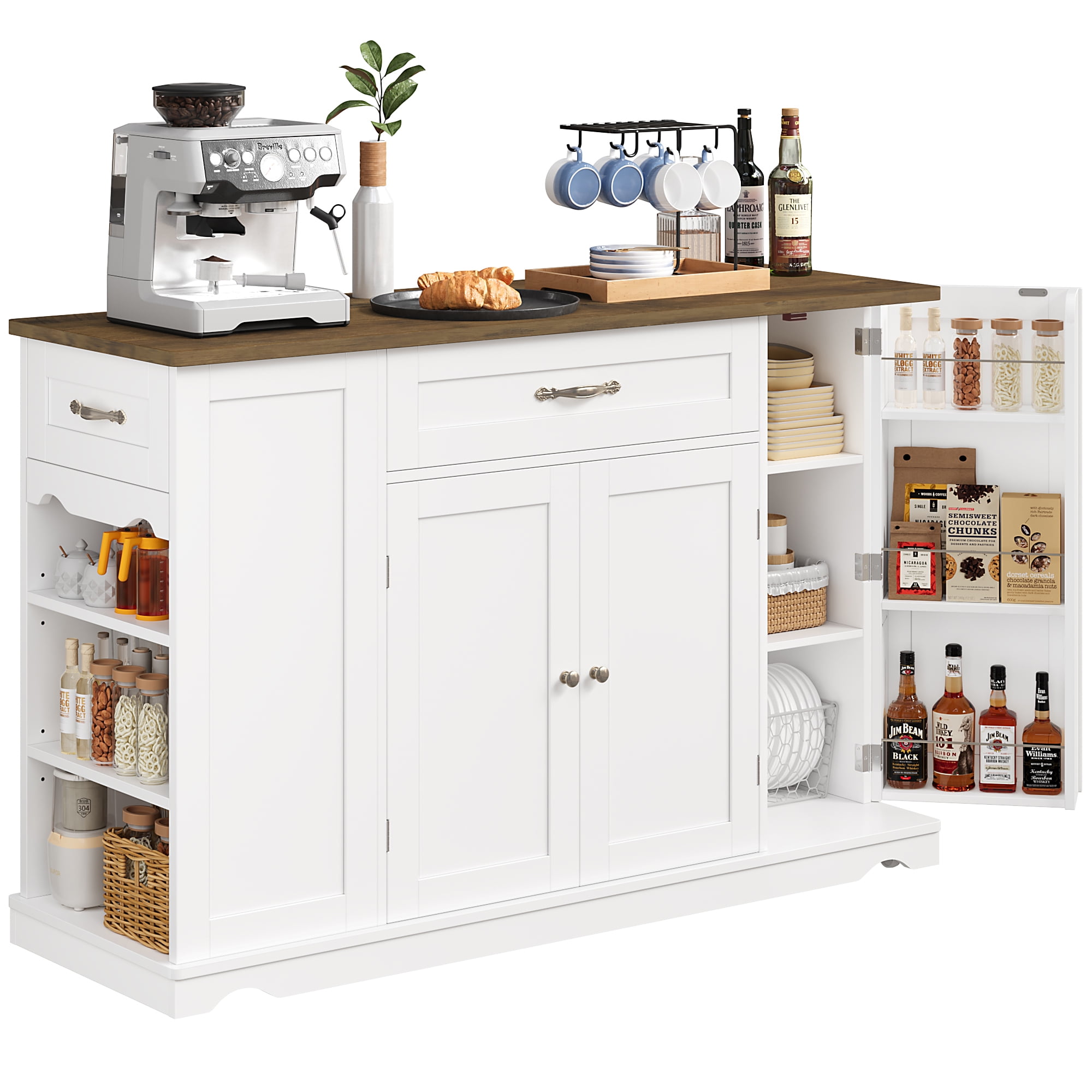 Homfa Kitchen Island with Wheels & Adjustable Shelf, 2 Drawer Modern Buffet Cabinet Sideboard Coffee Bar for Dining Room Living Room, White - Image 8