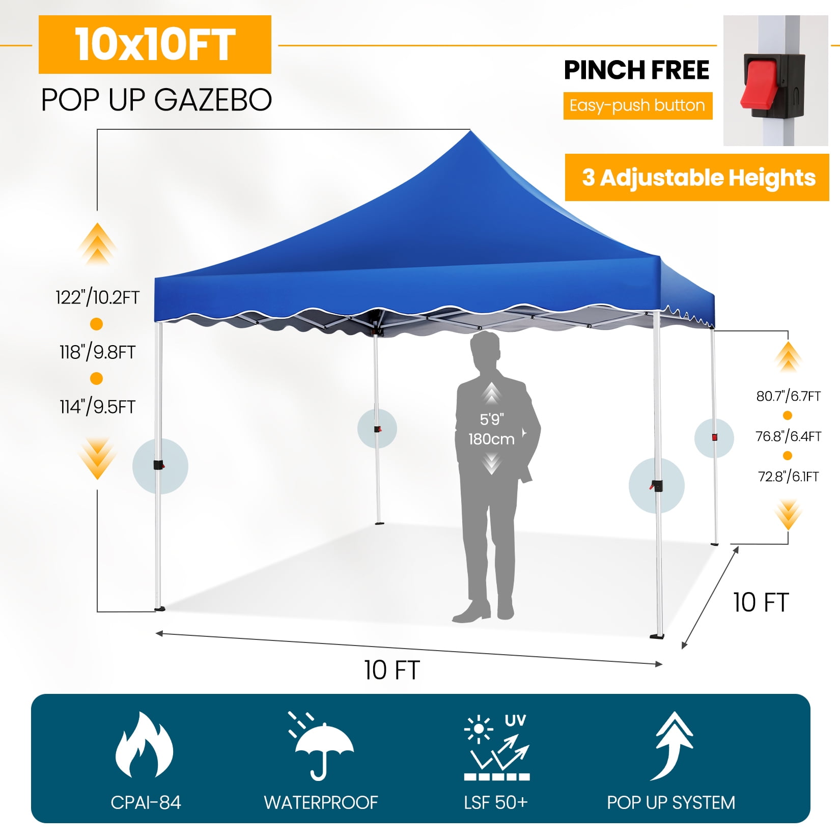 HOTEEL 10x10 Pop Up Canopy , UPF 50+ Easy Setup Canopy Tent Waterproof Outdoor Instant Portable Shelter with 4 Removable Sidewalls, Sandbags, Stakes & Ropes for Party, Events, Vendor, Blue - Image 7