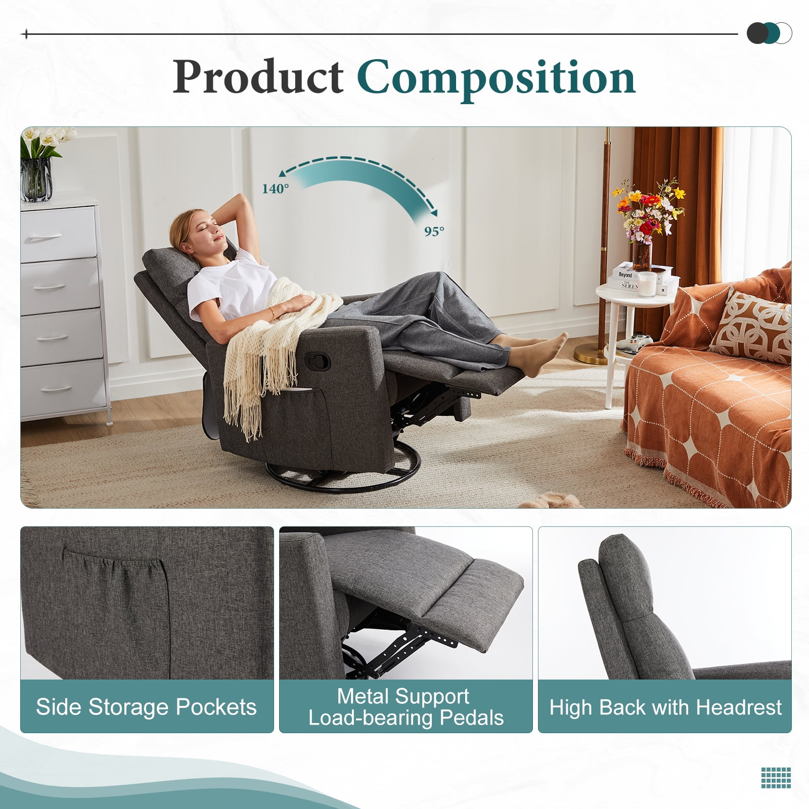 Recliner Message Chair with Footrest, Swivel Rocking Glider, High Back Upholstered Deep Seat for Living Room, Grey - Image 3