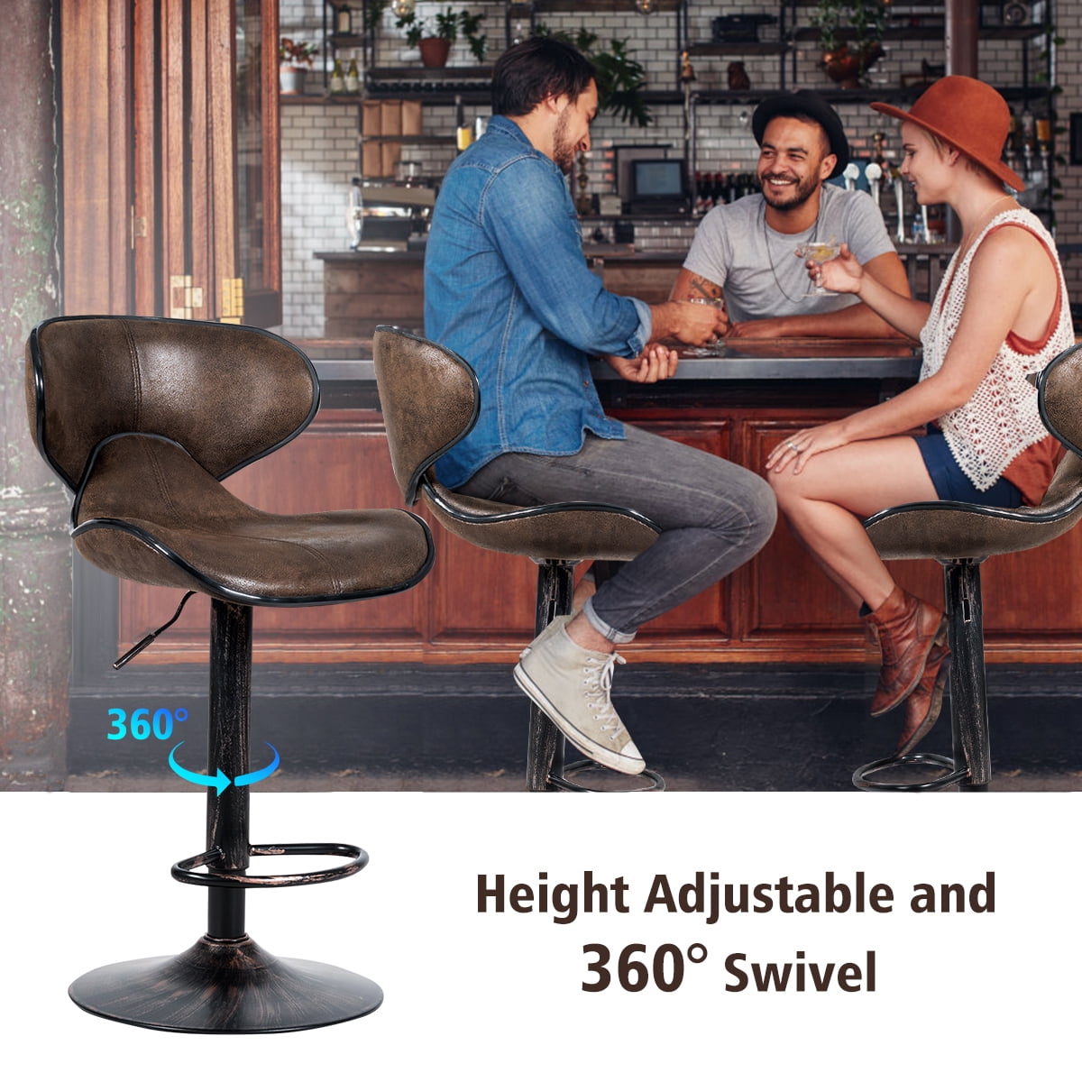 Costway Set of 2 Adjustable Bar Stools Swivel Bar Chairs with Back&Footrest Retro Brown - Image 9