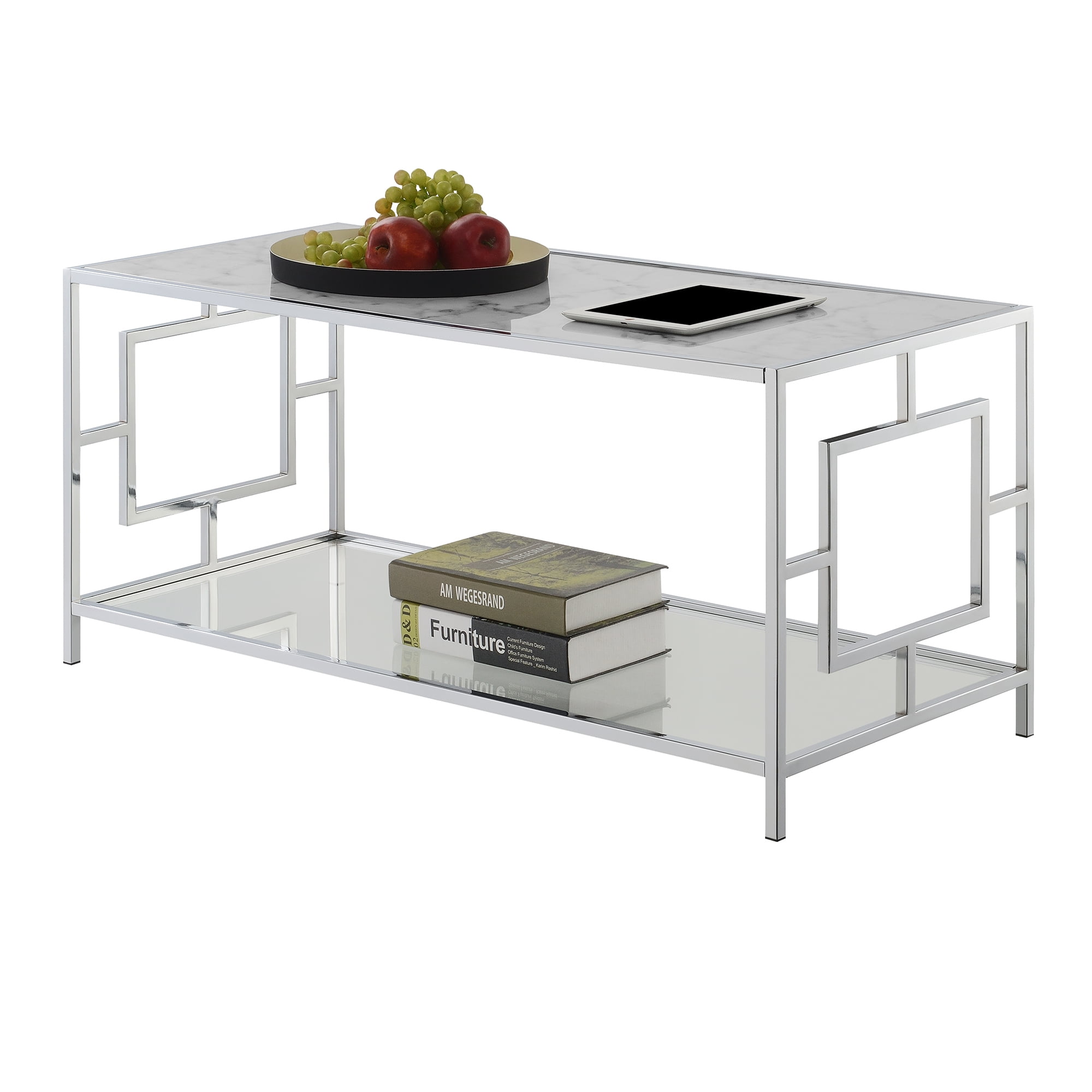 Convenience Concepts Town Square Chrome Coffee Table, Faux White Marble/Chrome Frame - Image 4