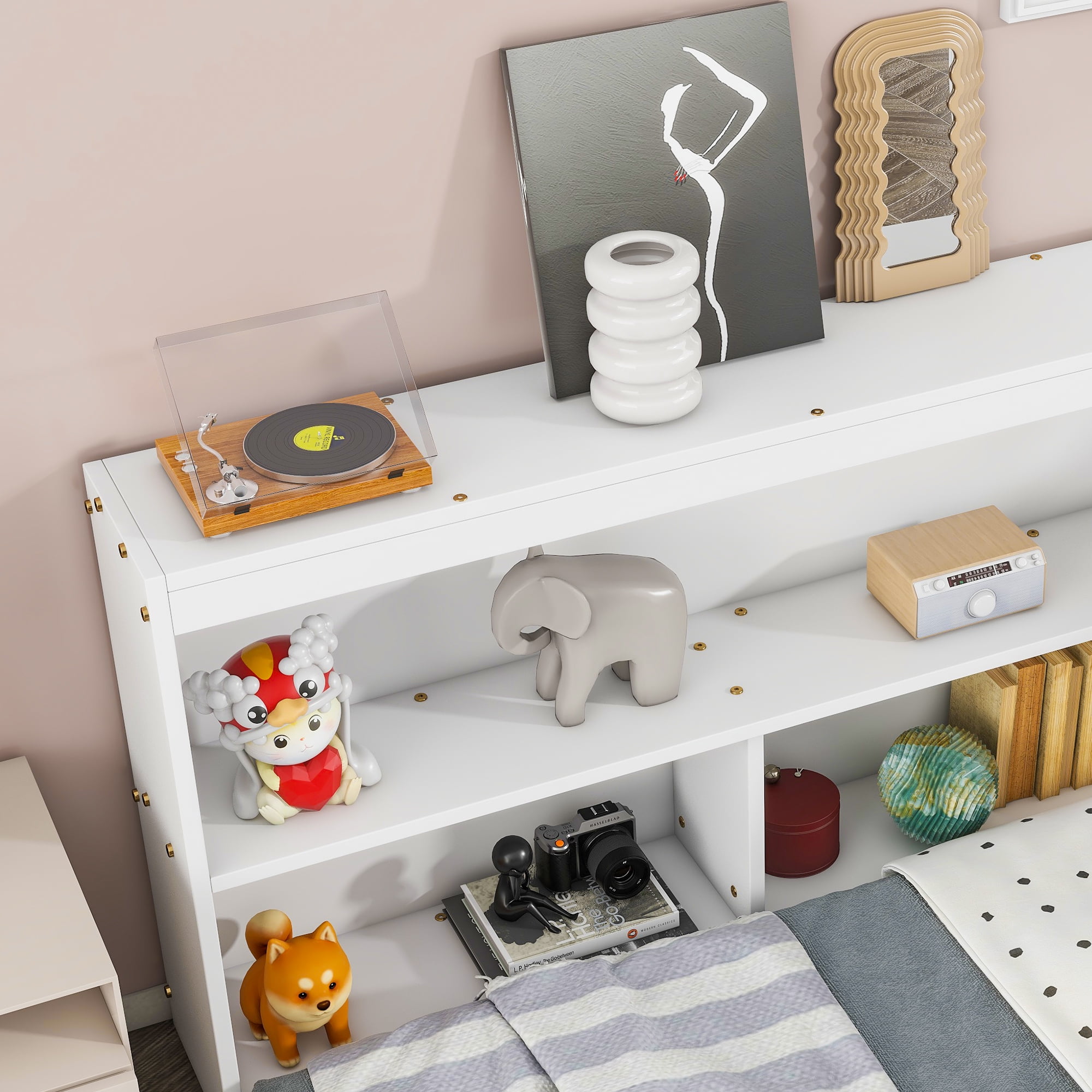 Miniyam Full Size Floor Bed with L-shaped Bookcases for Kids and Teens, White - Image 3