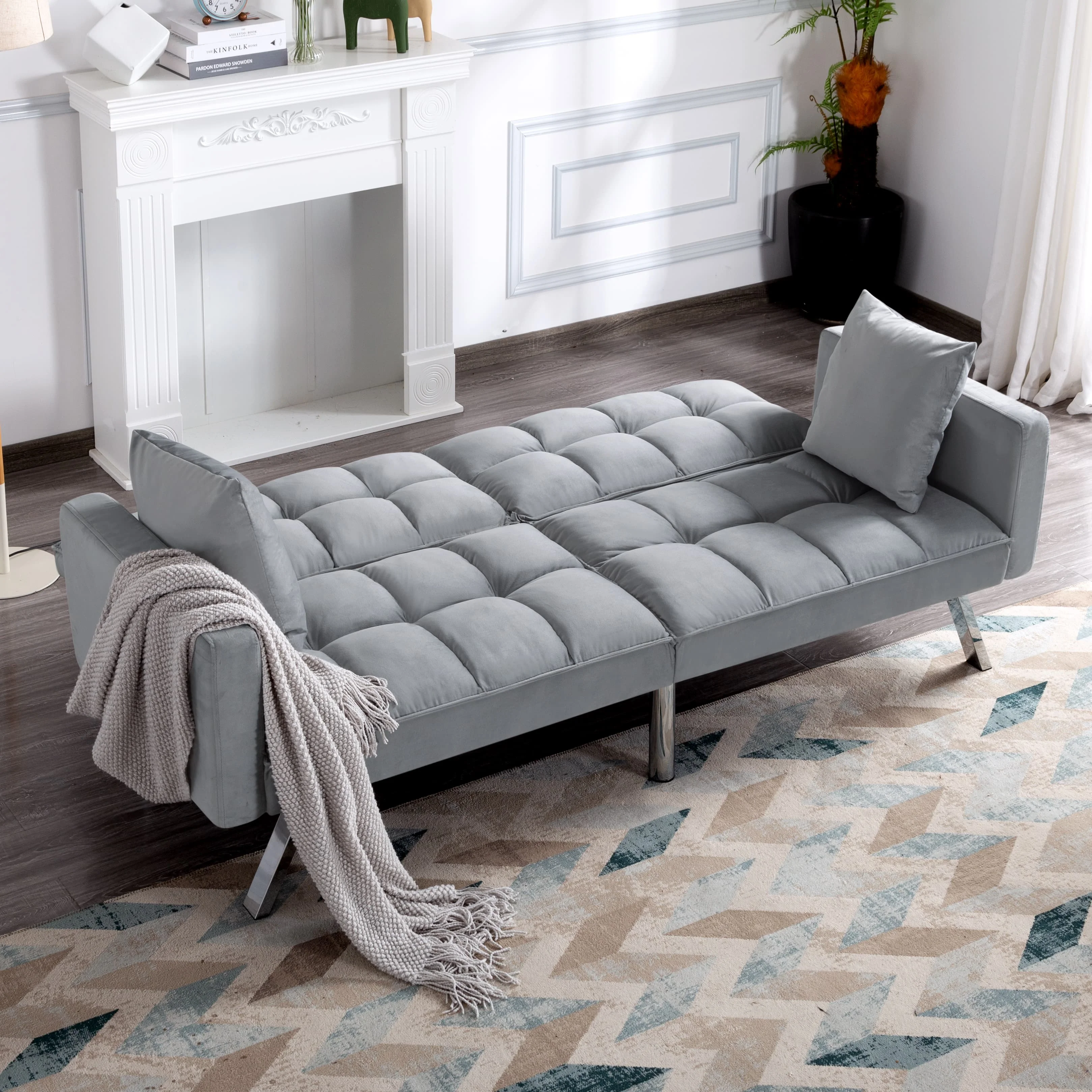 BSHTI 74” x 26.4” Futon Convertible Sofa, 3 Angles for Adjusting, Velvet Fabric, Square-Tufted Upholstery, with Silver Metal Legs, Twin Size Sleeper Sofa, Light Gray - Image 5