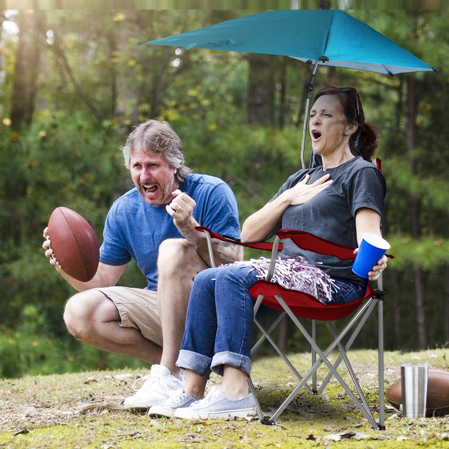 TeqHome Camping Chair with Canopy Shade Folding Beach Chair Support 220lbs with Adjustable Arm Cup Holder Detachable Umbrella Red - Image 9