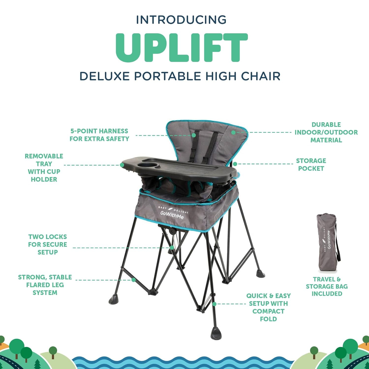 Baby Delight Go with Me Uplift Deluxe Portable High Infant Chair, Teal & Grey - Image 4