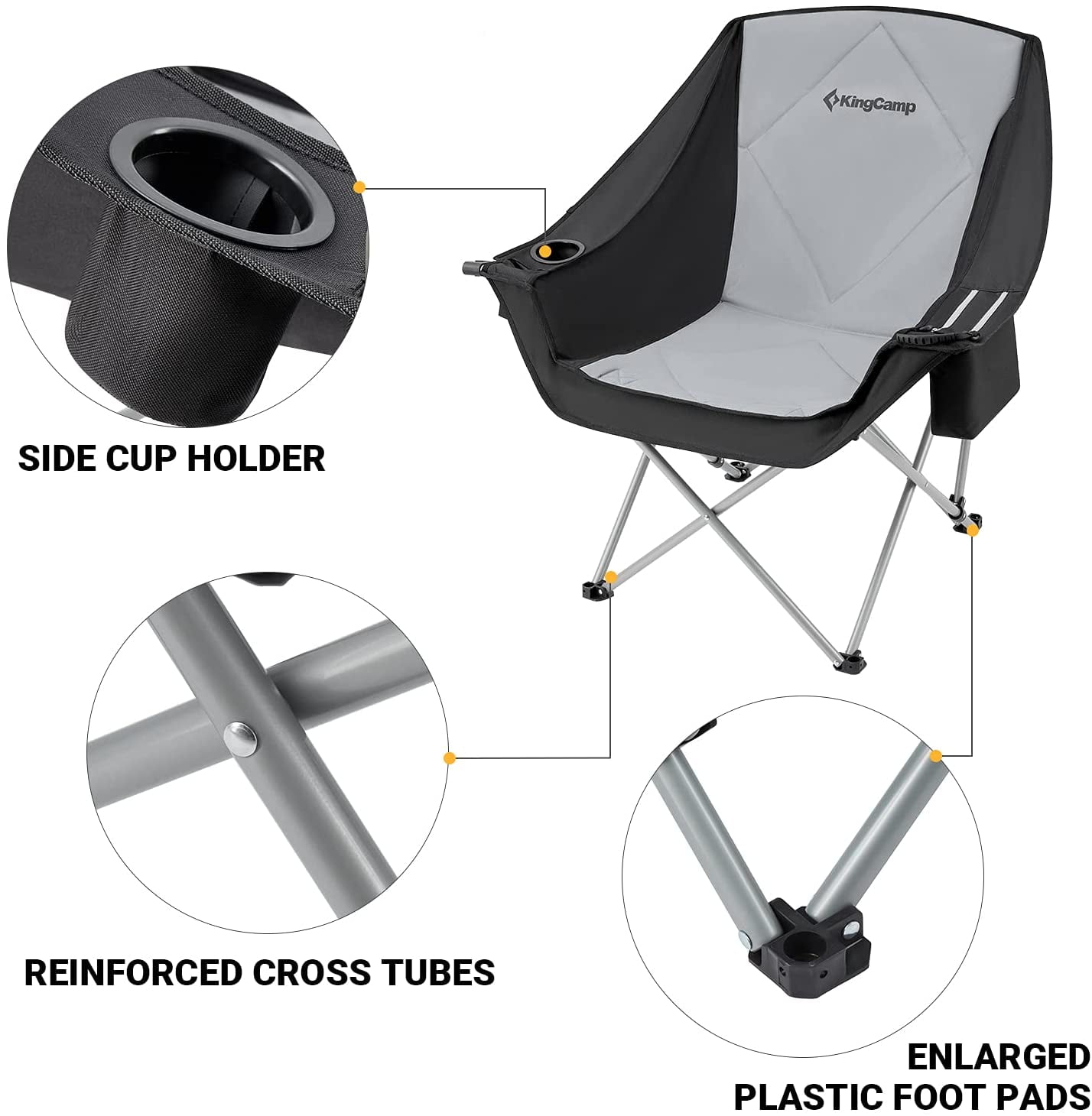 KingCamp Oversized Fully Padded Camping Chair for Adults, Support 330lbs Outdoor Folding Camping Sofa Chair with Pocket, Heavy Duty Folding Round Camping Chair, Black Light Grey - Image 2