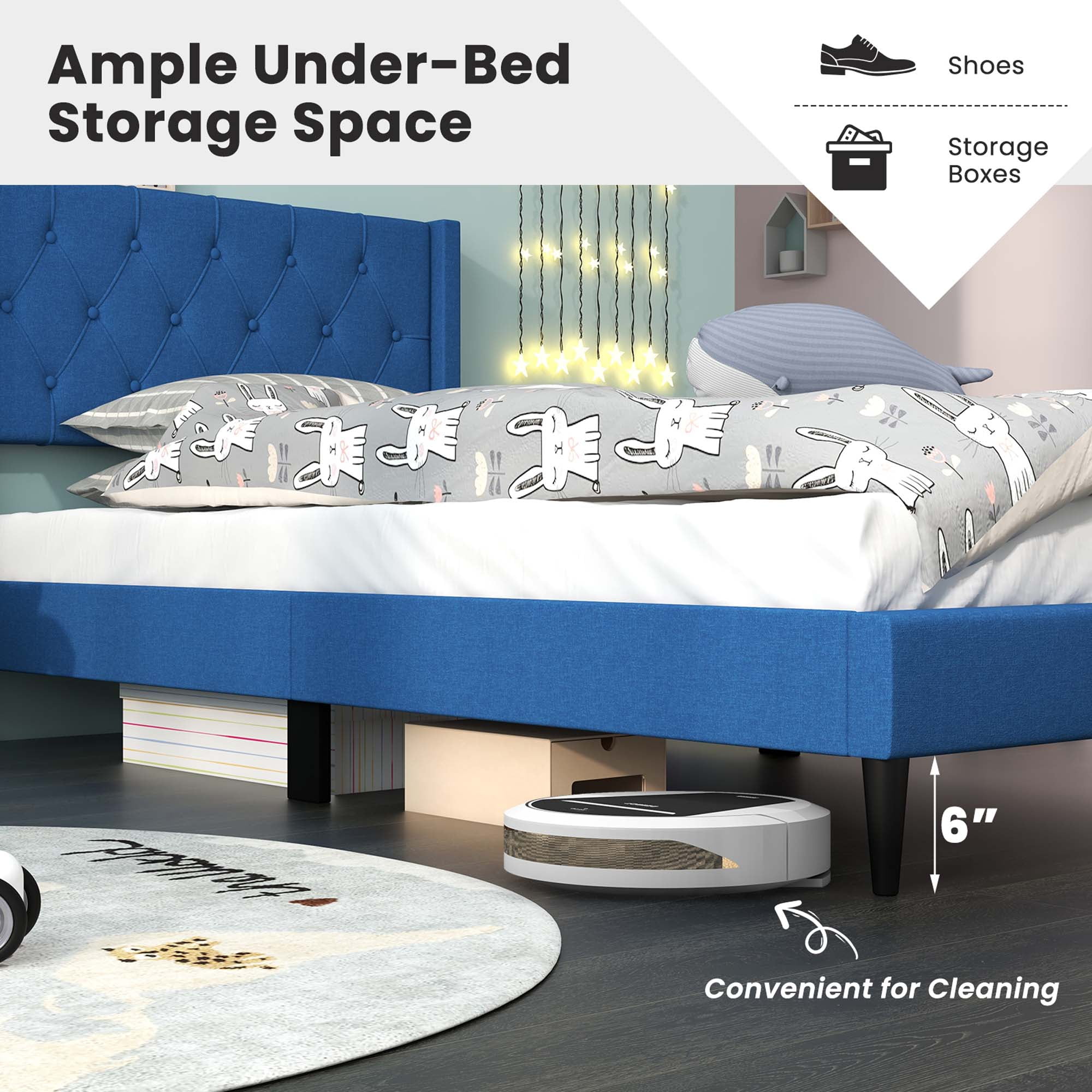 Costway Twin Size Upholstered Platform Bed with Button Tufted Wingback Headboard Blue - Image 9