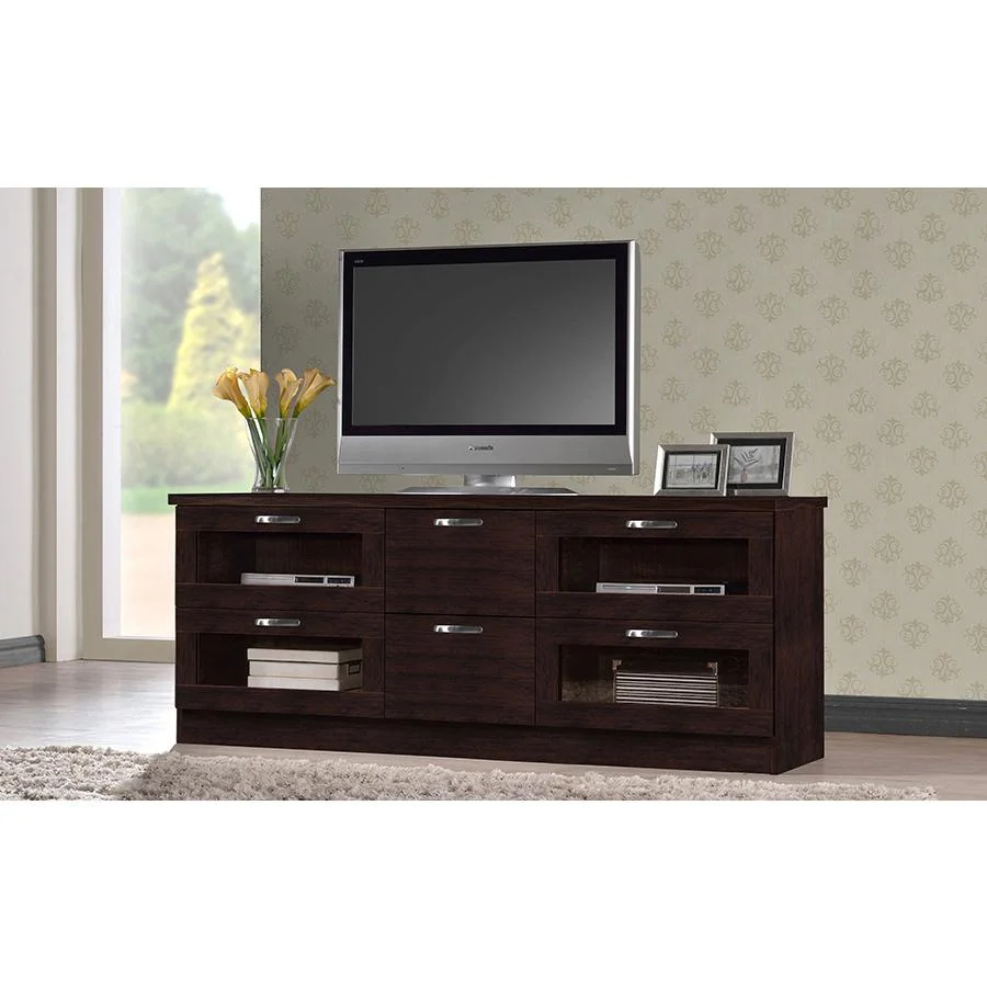 Baxton Studio Adelino 63 Inches Dark Brown Wood TV Cabinet with 4 Glass Doors and 2 Drawers - Image 5