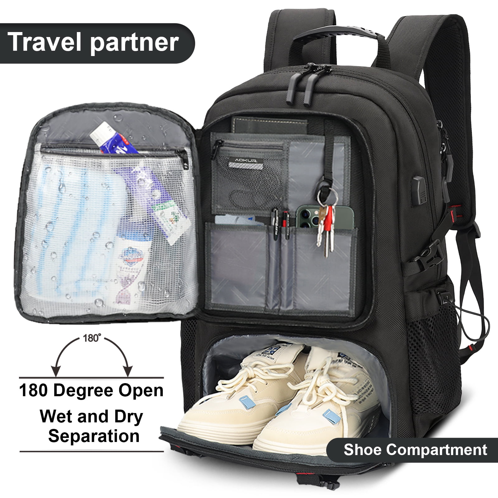 Aokur Unisex Expandable Waterproof Travel Laptop Backpack, Black - Image 4