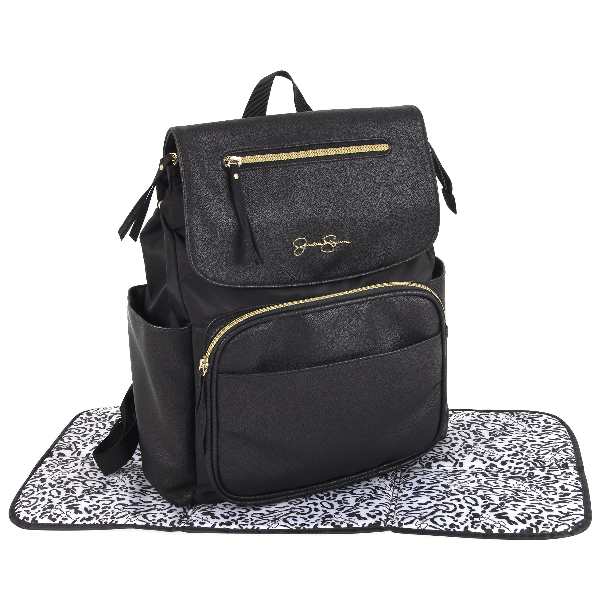 Jessica Simpson Black Vegan Leather Multi-Pocket Magnetic Flap & Zipper Closure Fashion Diaper Bag Backpack with Snow Leopard Print Interior, Matching 3-Ply Folding Baby Changing Pad - Image 3