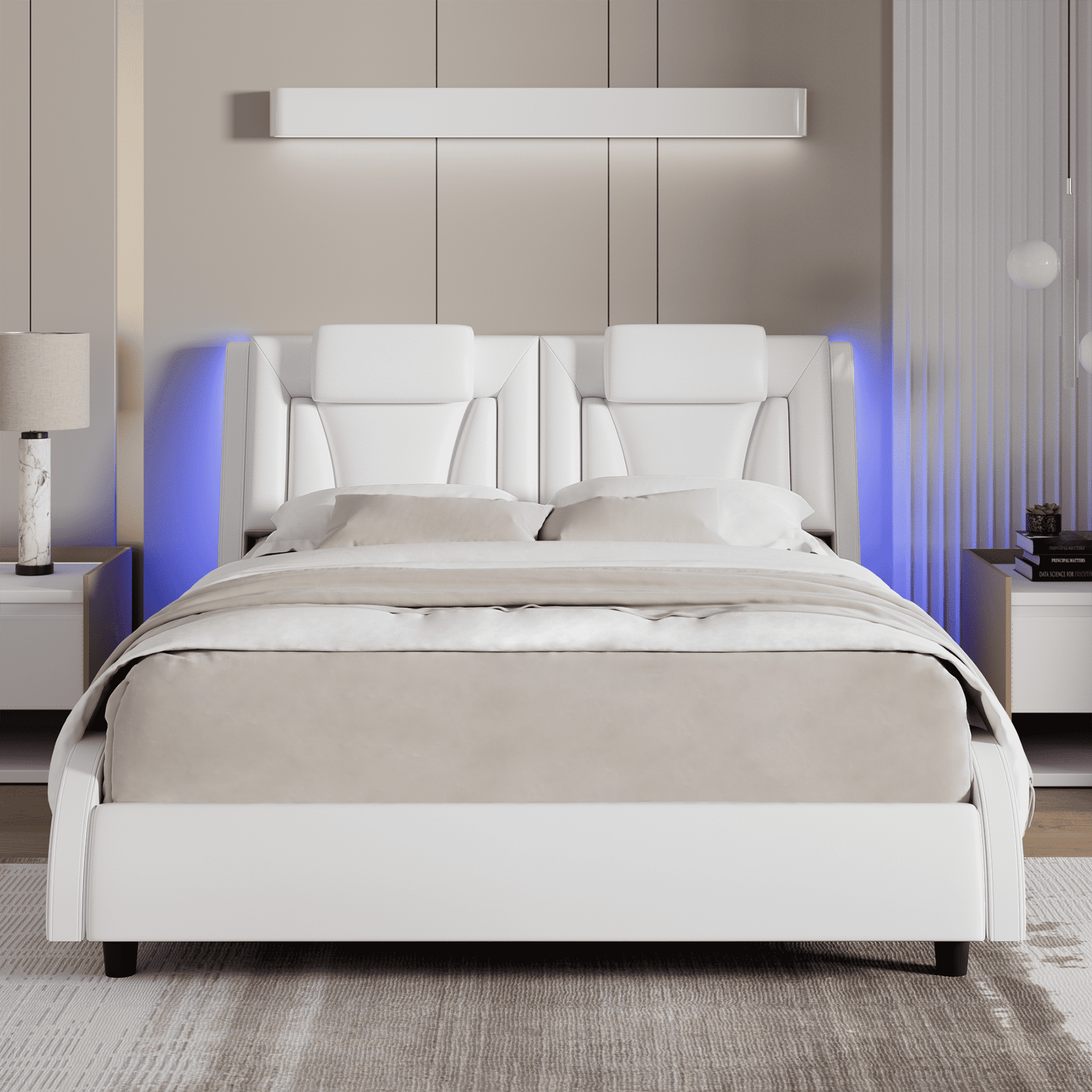 Homfa Queen Bed Frame with Adjustable LED Headboard, PU Leather Curved Upholstered Platform Bed Frame, White - Image 2