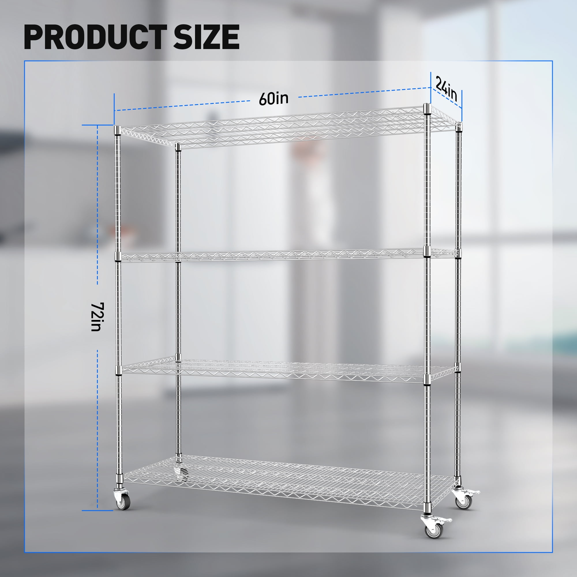 4-Tier 60"x 24"x72" Heavy Duty Wire Shelving with Wheels, Silver Metal Shelves ,Chrome 2400Lbs Capacity Garage Shelving - Image 8