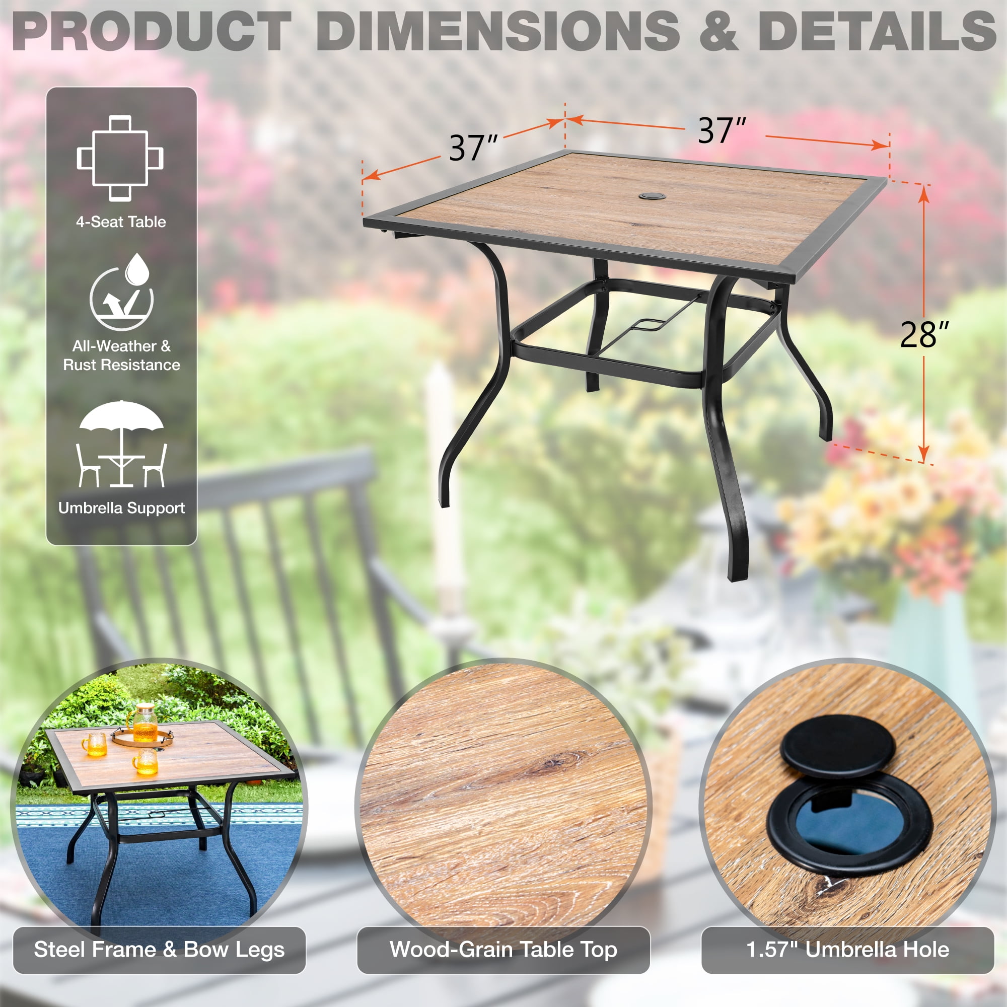 MF Studio 5-Piece Outdoor Patio Dining Set Modern Steel Furniture with 4 Slatted Armchairs and 1 Square Wood-like Table, Black - Image 13