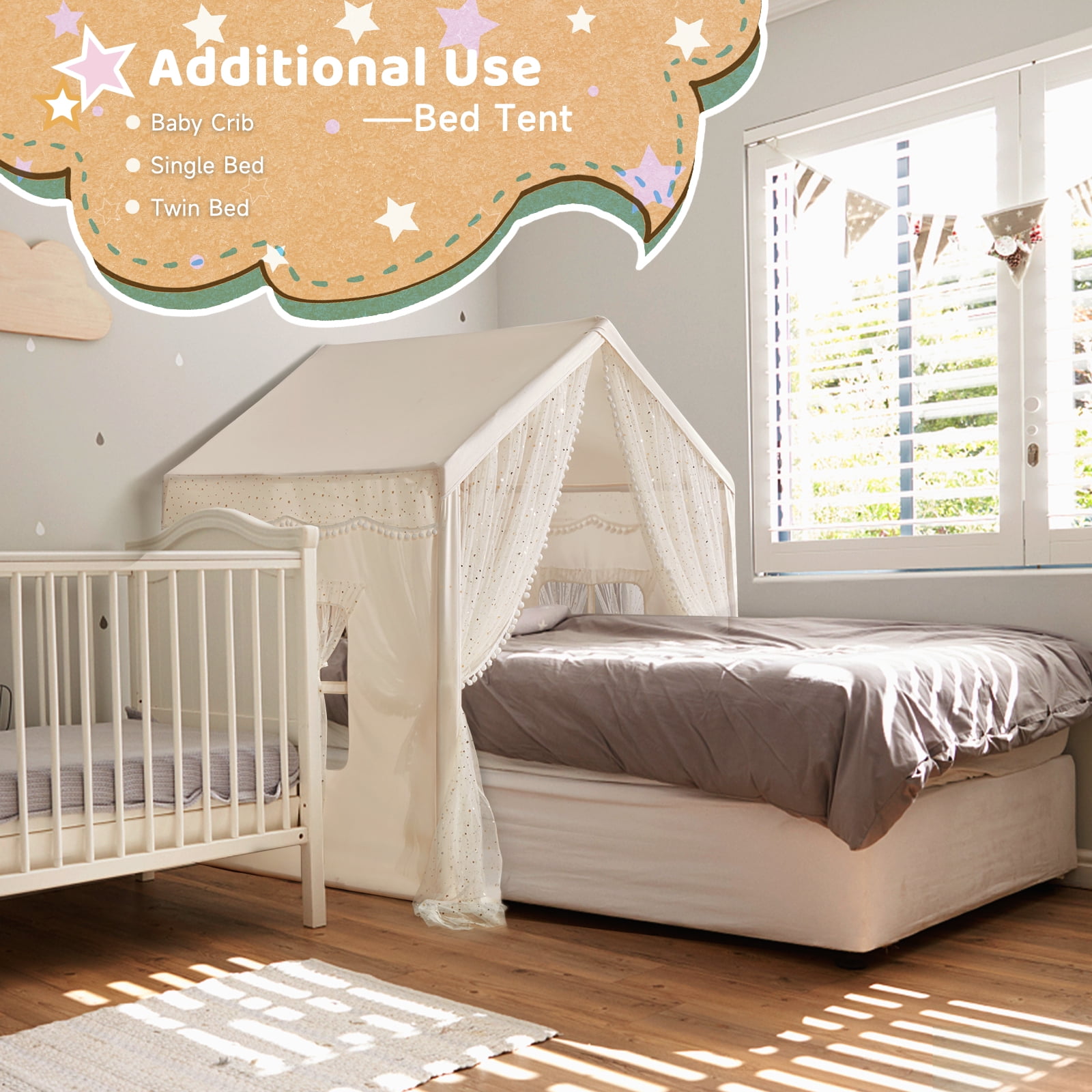 LOAOL Large Kids Tent with LED Lights, Toddler Playhouse Tent Indoor and Outdoor, White Cotton Canvas - Image 5