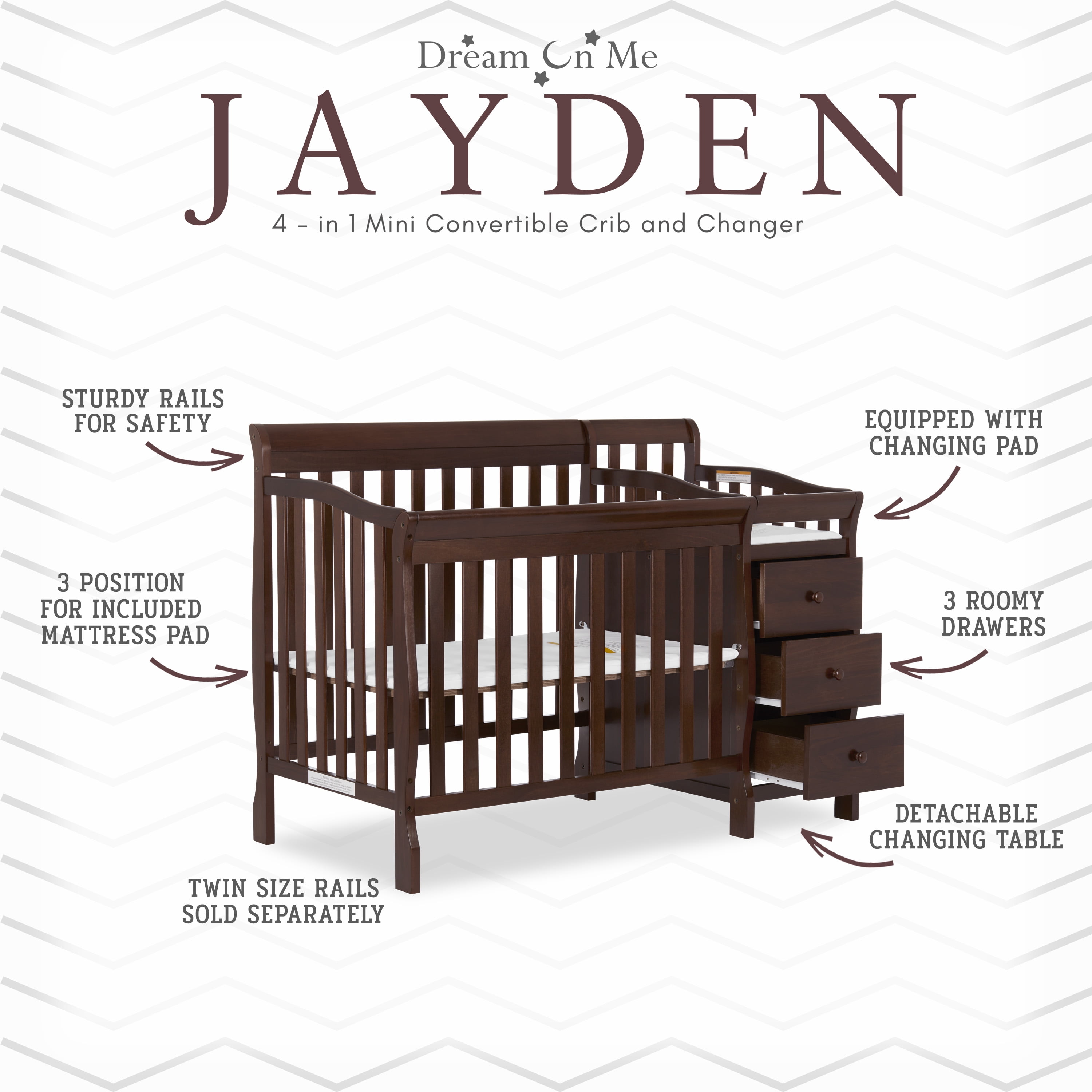 Dream On Me Jayden 4-in-1 Convertible Crib with Changer Espresso - Image 4