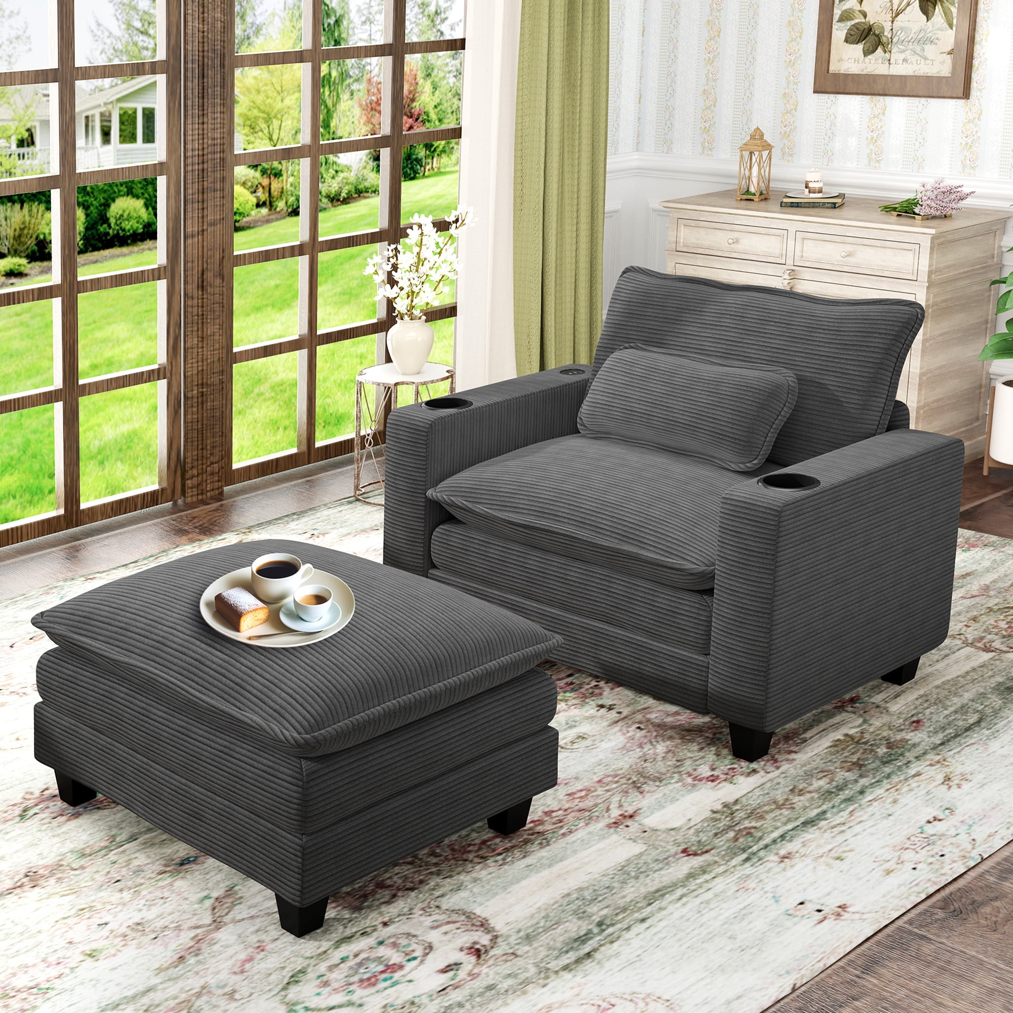Lunale Oversized Lounge Chair & Ottoman Set - 45.5" Cloud Corduroy Accent Armchair with USB/Cup Holder for Modern Living/Bedroom, Dark Gray - Image 6