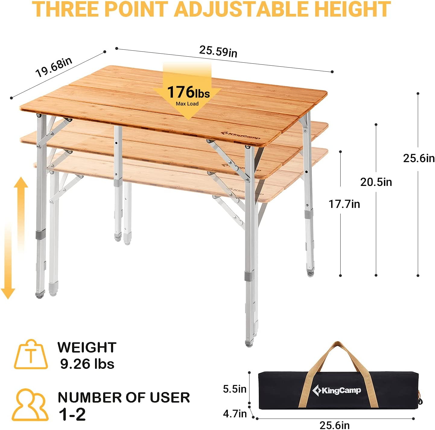 KingCamp Bamboo Camping Table Clearance Adjustable Height Folding Table for 1-2 People Outdoor and Indoor Support 176LBS Yellow - Image 5