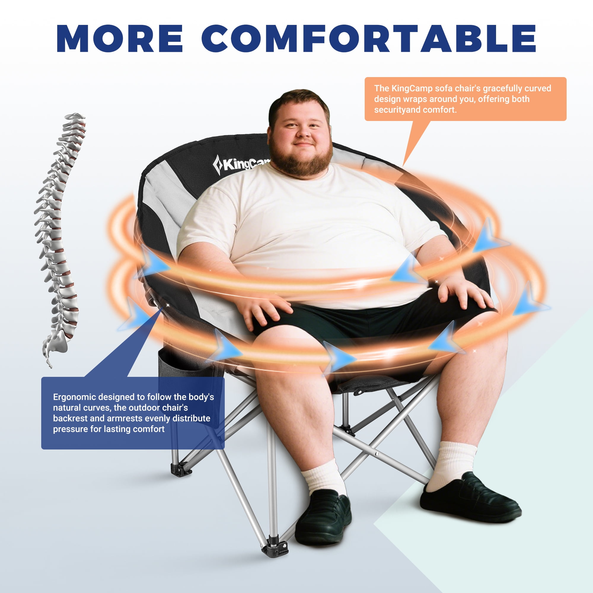 KingCamp Oversized Folding Camping Chair, Saucer Round Heavy-Duty Padded Chair, Outdoor Chair with Pocket, Lawn Chair Support 330lbs, Ultra-Comfortable Design for Adults - Image 3