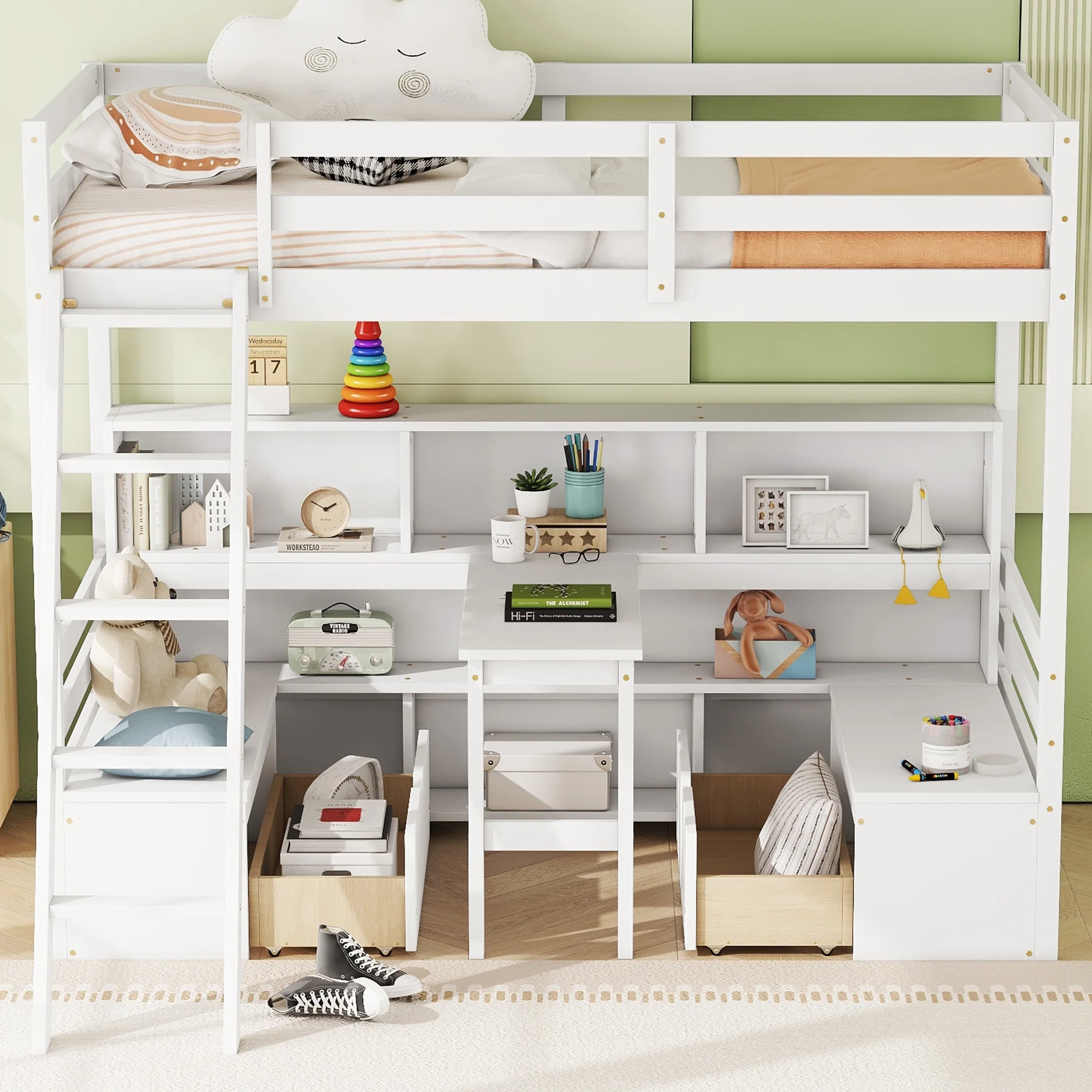 Euroco Modern Wood Twin Size Loft Bed with Desk and Drawers, Storage Shelf and Bench for Kids Teens, White - Image 3