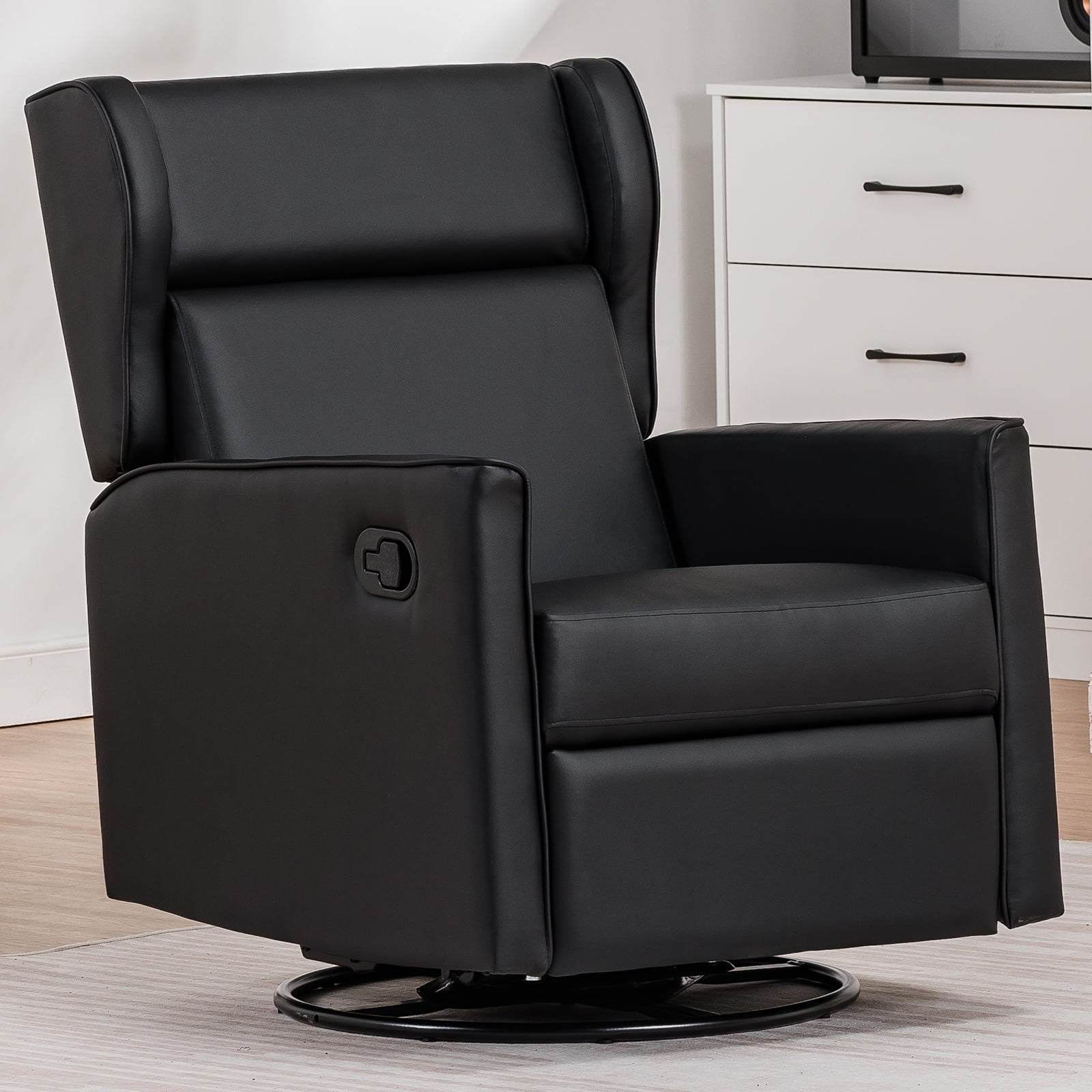COMHOMA Swivel Rocker Recliner Chair, PU Lether Single Sofa Seat for Living Room, Black - Image 5