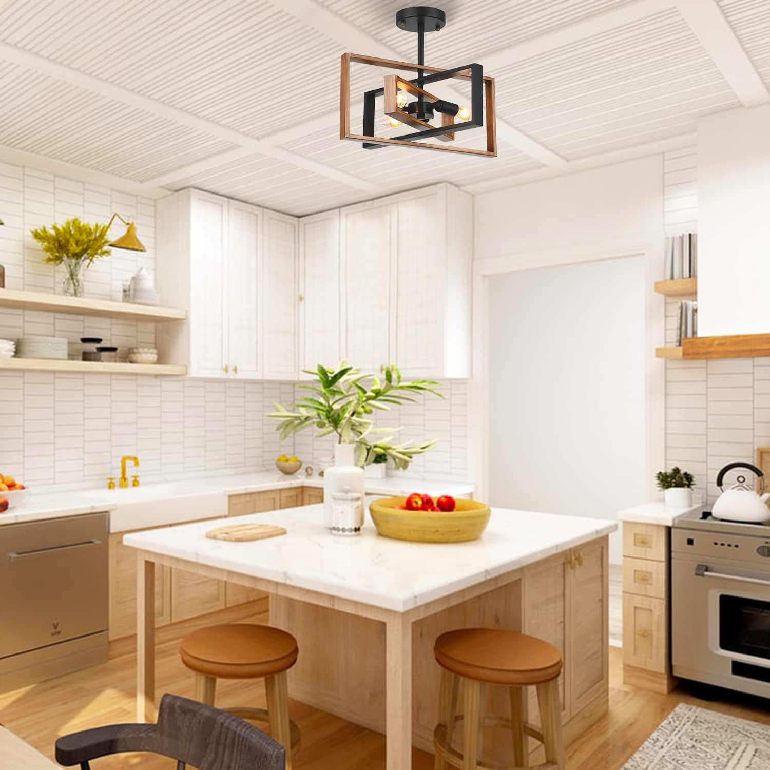 Capslpad Rustic Retro Rectangle Semi Flush Ceiling Light Industrial Farmhouse Rotatable Flush Mount Ceiling Light Fixture for Kitchen Hallway Dining Room Living Room Entryway (Faux-Wood) - Image 6