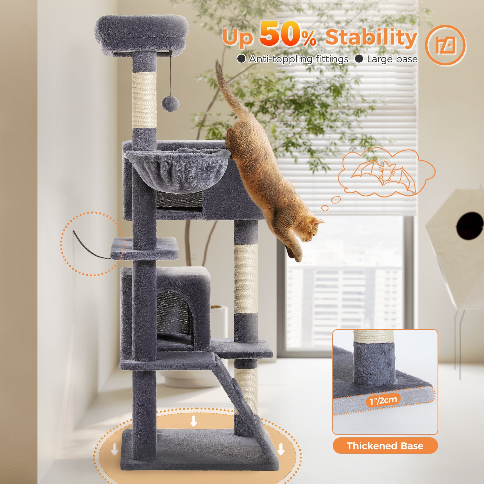 PEQULTI 56" Multi-Level Cat Tree with Double Condos and Sisal Post Large Cat Tower Indoor Dark Gary - Image 6