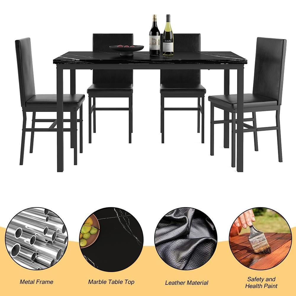 5 Piece Dining Table Set, Modern Faux Marble Tabletop and 4 PU Leather Upholstered Chairs, Rectangle Kitchen Table and Chairs for 4 Persons, Small Dining Set for Bar Dining Room Breakfast Nook - Image 4