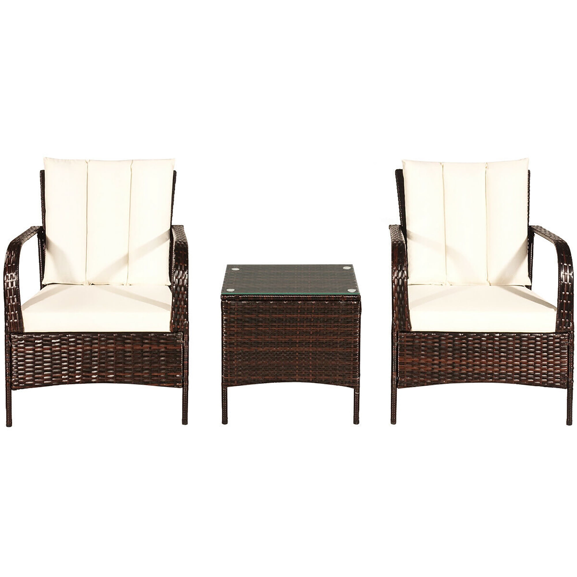 Costway 3 PCS Patio Wicker Rattan Furniture Set Coffee Table & 2 Rattan Chair W/Cushions-White - Image 9