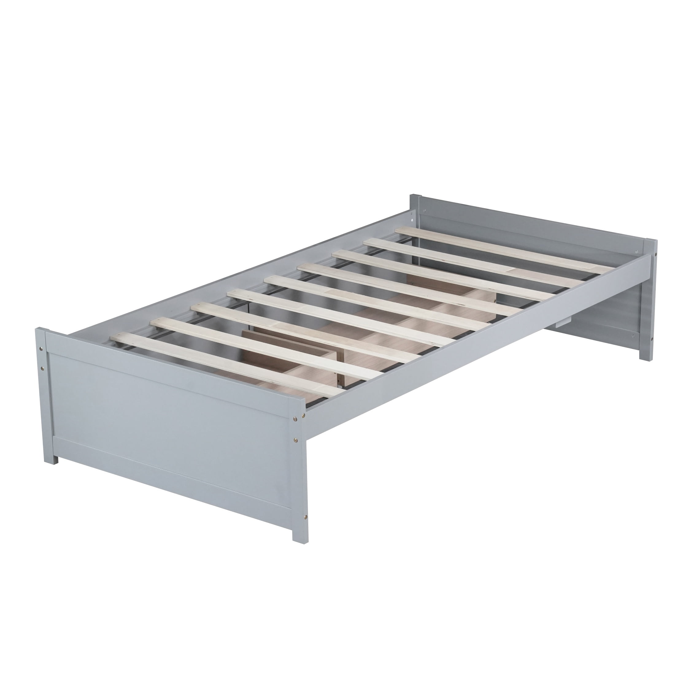 PORKISS Twin Bed Frame, Solid Wood Platform Bed with 2 Drawers, Pine Wood Bed for Kids Teens Adults, No Box Spring Needed, Grey - Image 3