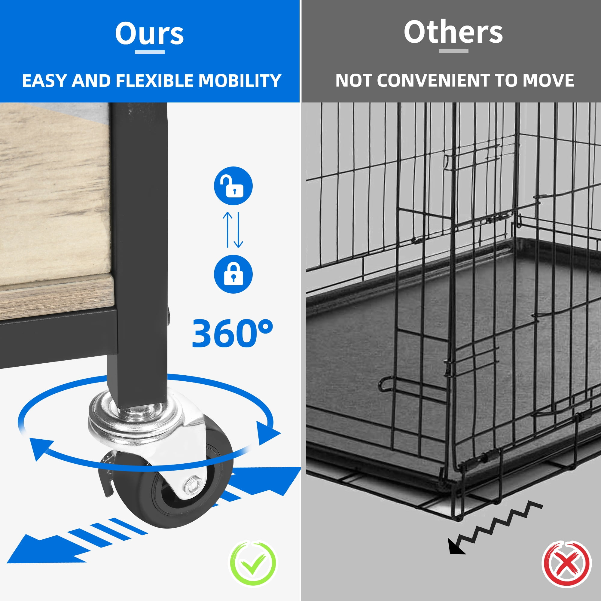 Dextrus 23.6" Dog Crate Furniture Wooden Dog House with Wheels, Dog Kennel Indoor for Small Medium Dogs - Brown & Black - Image 2