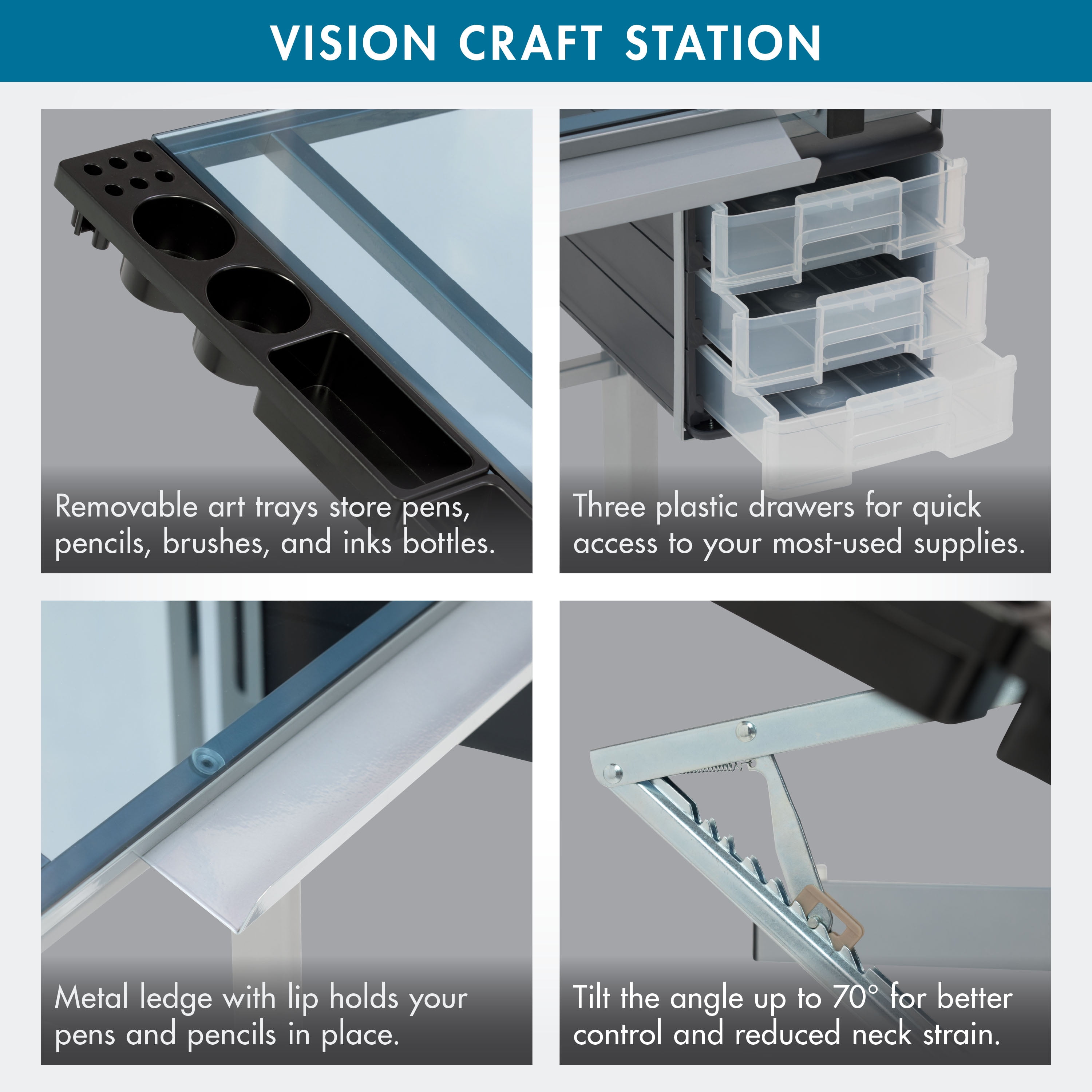 Studio Designs Vision Craft Station Tempered Glass Adjustable Top, Rolling Drafting Table, Silver Blue - Image 11