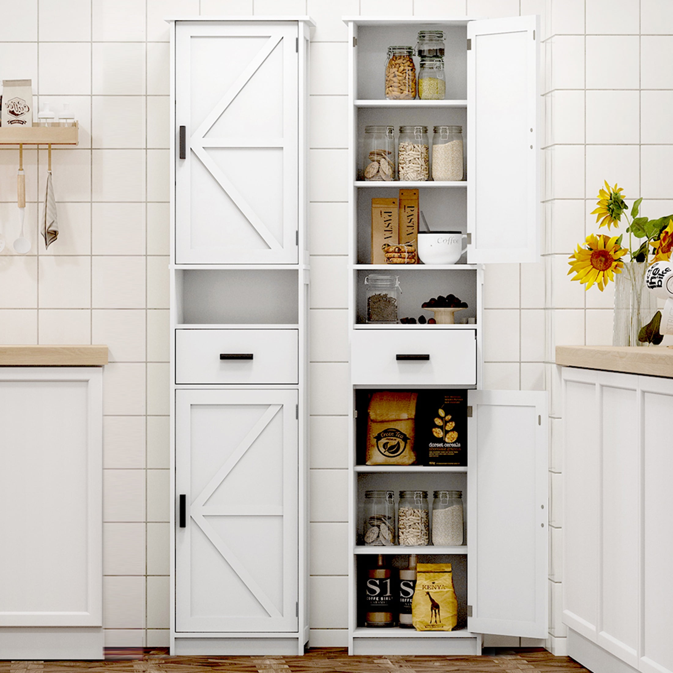 PORKISS Floor Storage Cabinet, Wood Pantry Cabinet with Doors and Drawer, Freestanding Narrow Bathroom Storage Organizer with Adjustable Shelves for Kitchen, Bathroom, Living Room, White - Image 2