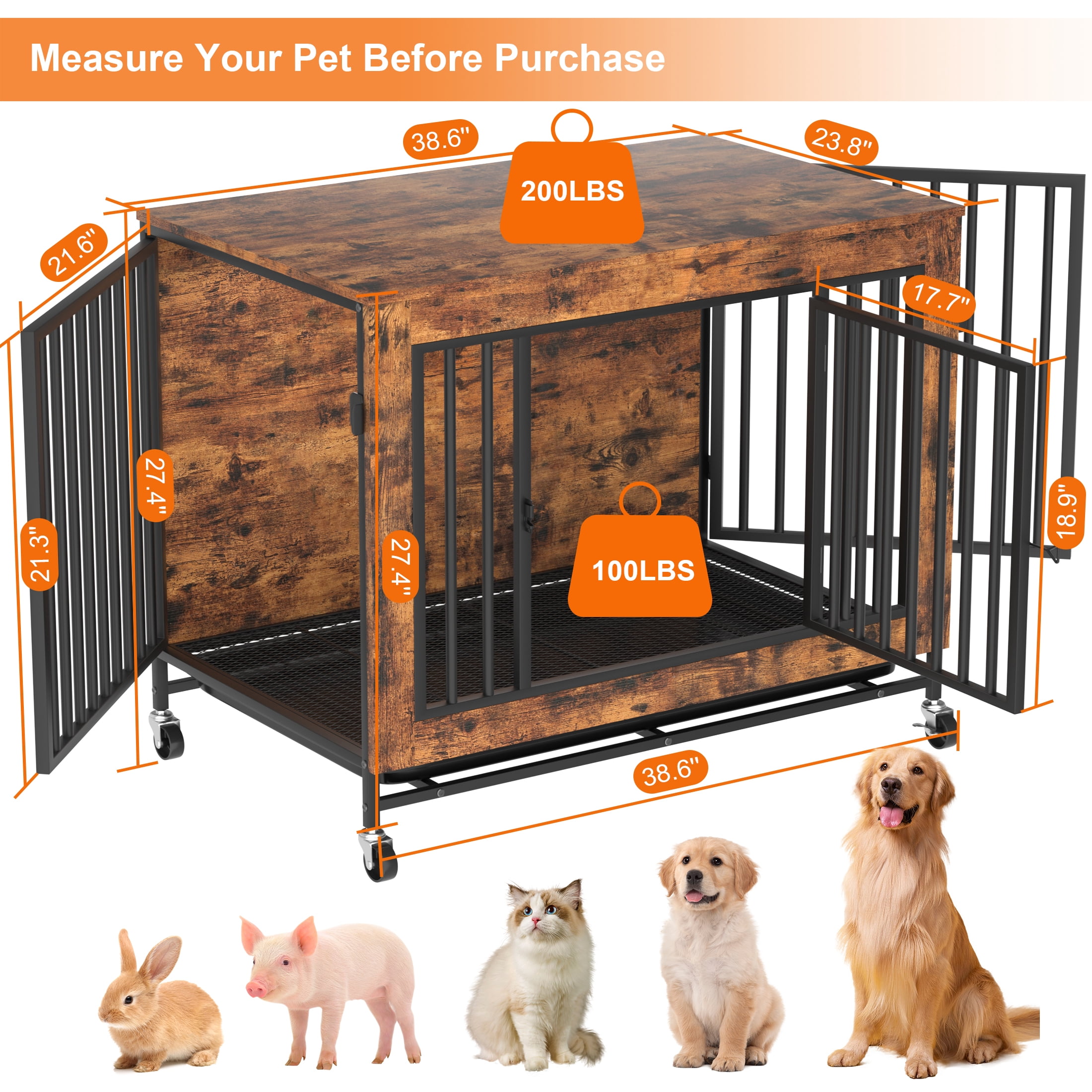 Monasem Wooden Dog Crate Furniture with Removable Tray,Heavy Duty Dog Kennels for Inside with 3 Door Wheeled for Medium to Large Dogs,38.6"L x 23.8"W x 27.4"H - Image 5
