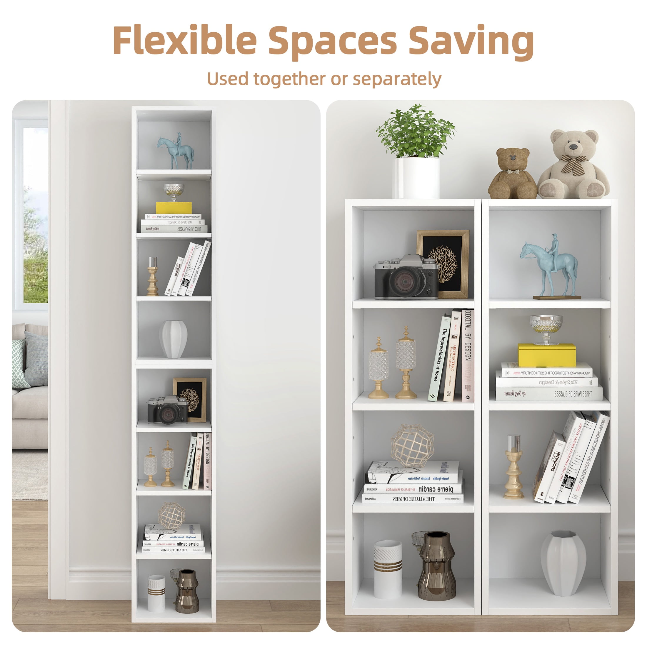 PORKISS 8-Tier White Bookshelf, Wood Open Display Bookshelf with Adjustable Shelves, Tall Narrow Bookcase with Slim Storage, Modern Book Display Shelf Media Tower Rack for Living Room, Home Office - Image 3