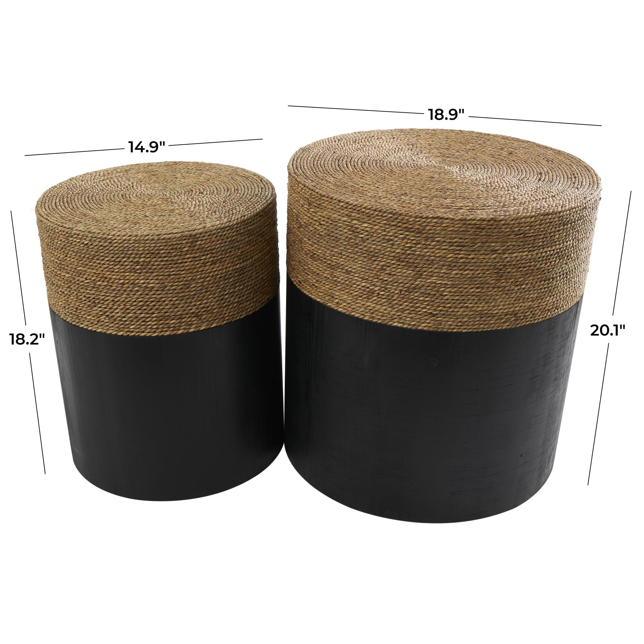 DecMode 19" x 20" Black Wood Handmade Accent Table with Brown Wrapped Seagrass Tabletops, 2-Pieces - Image 12