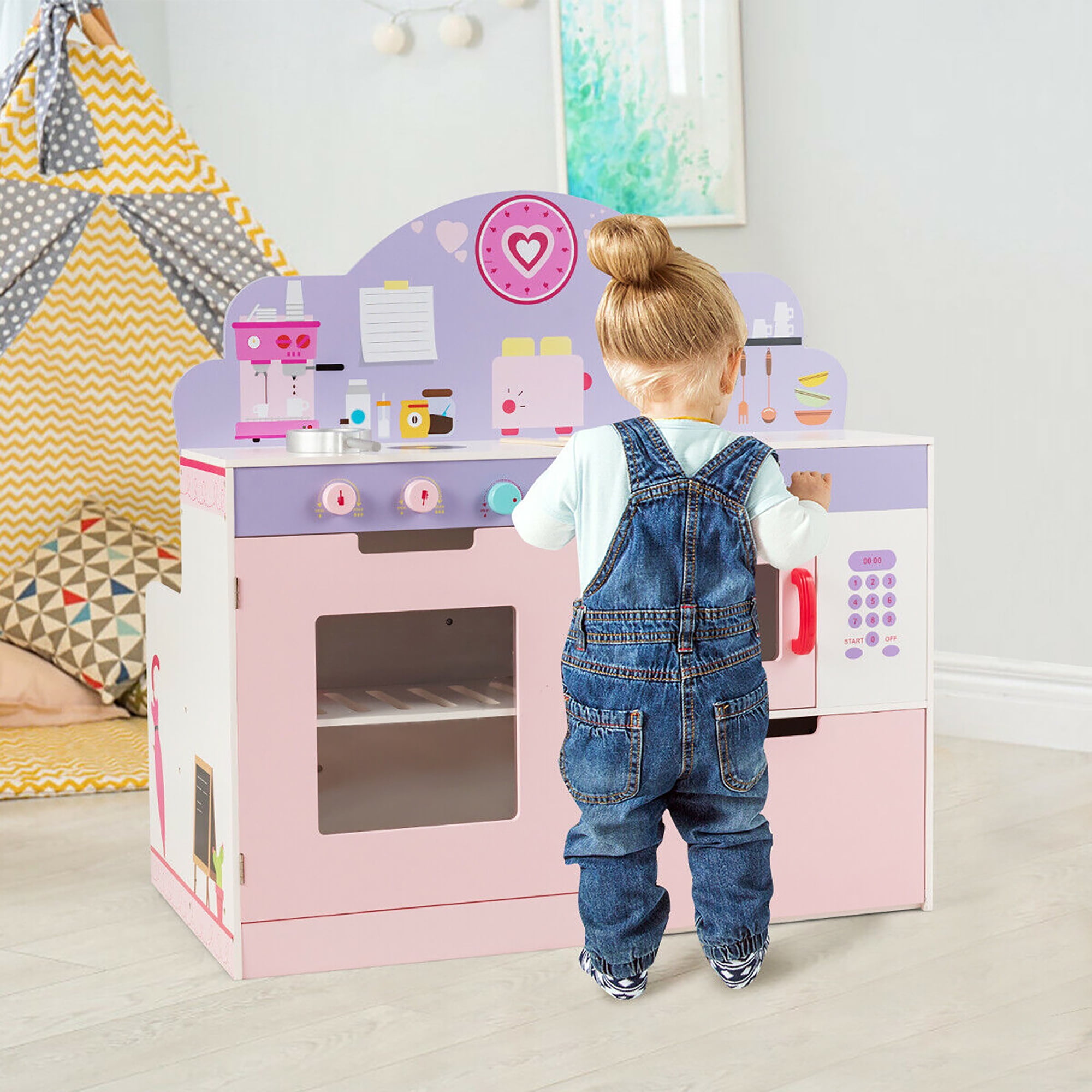 Costway 2 in 1 Kids Play Kitchen & Cafe Restaurant Wooden Pretend Cooking Playset Toy - Image 6