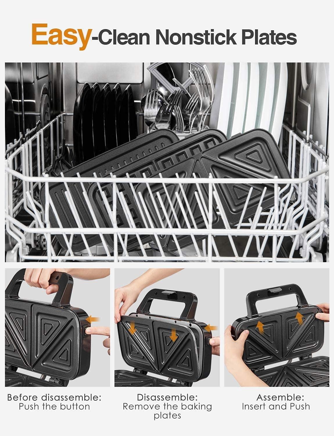 3-in-1 Sandwich Maker with Removable Plates, FOHERE Waffle Maker and Panini Press Grill, 1200W, Black - Image 4