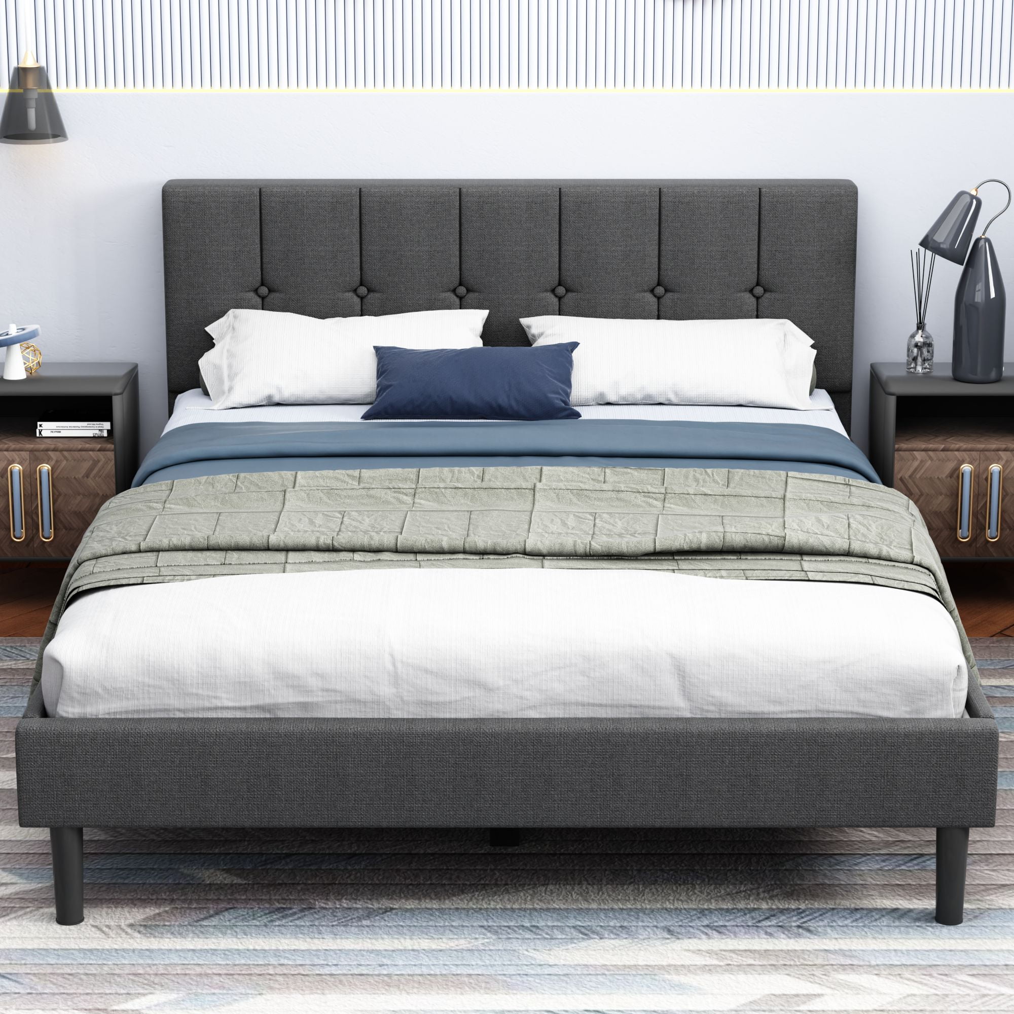 Lijimei Queen Upholstered Platform Bed with Storage and Installation Tools, Dark Gray - Image 3
