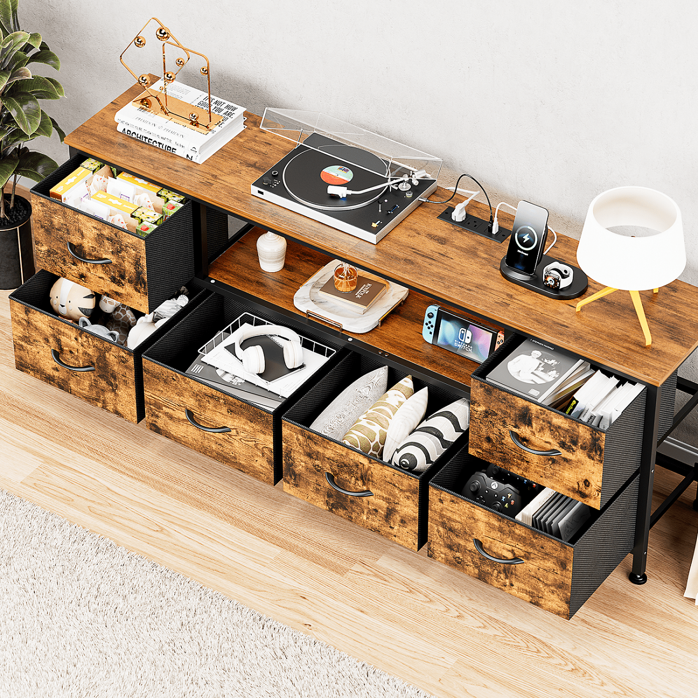 GIKPAL Dresser TV Stand with 6 Drawers, TV Stands for 55 inch TV, Brown Dresser Chest of Drawers, Fabric Dresser with LED Lights and Outlets - Image 9