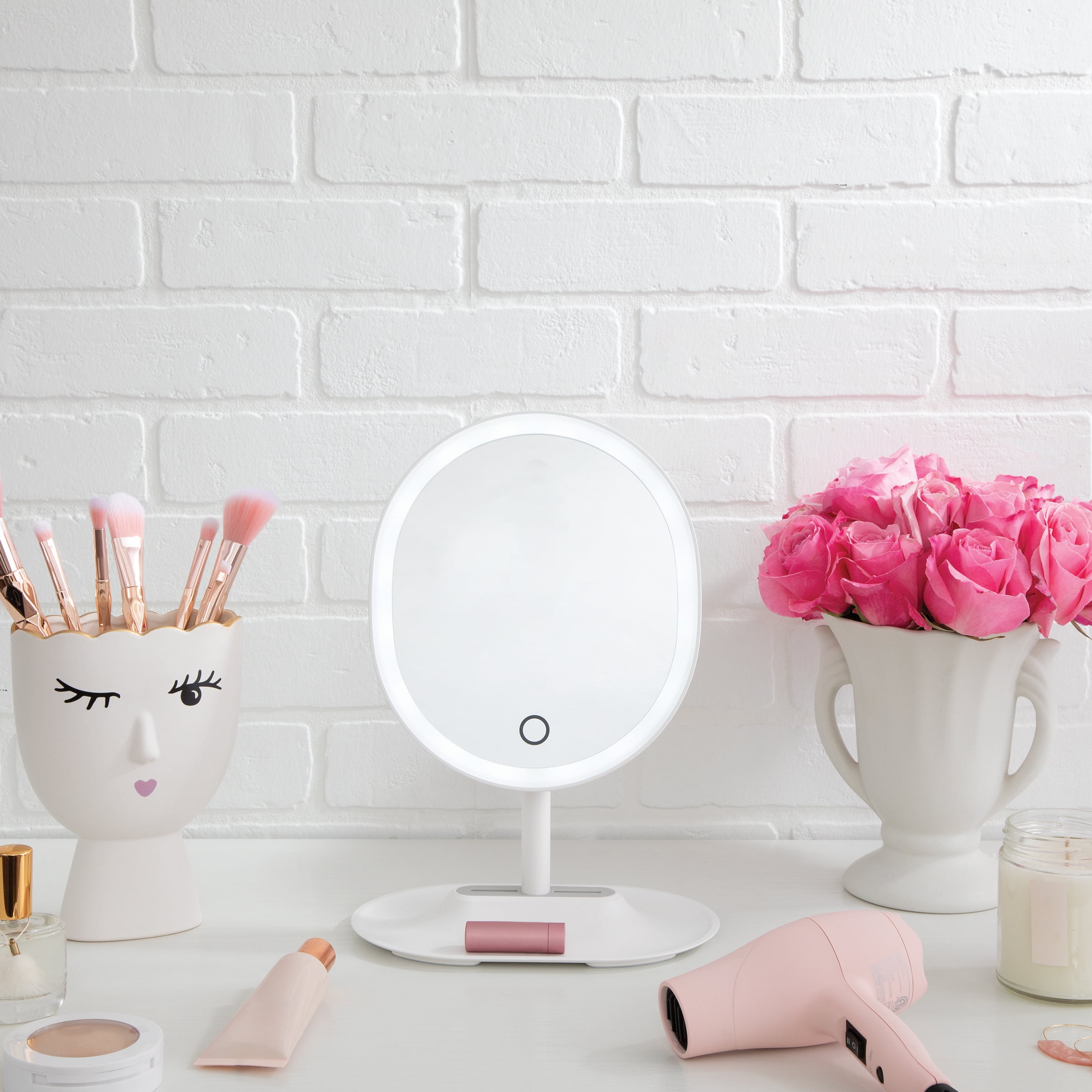 Thinkspace Beauty Tabletop LED Oval 1x Face Type Makeup Mirror with Storage Stand White. - Image 2