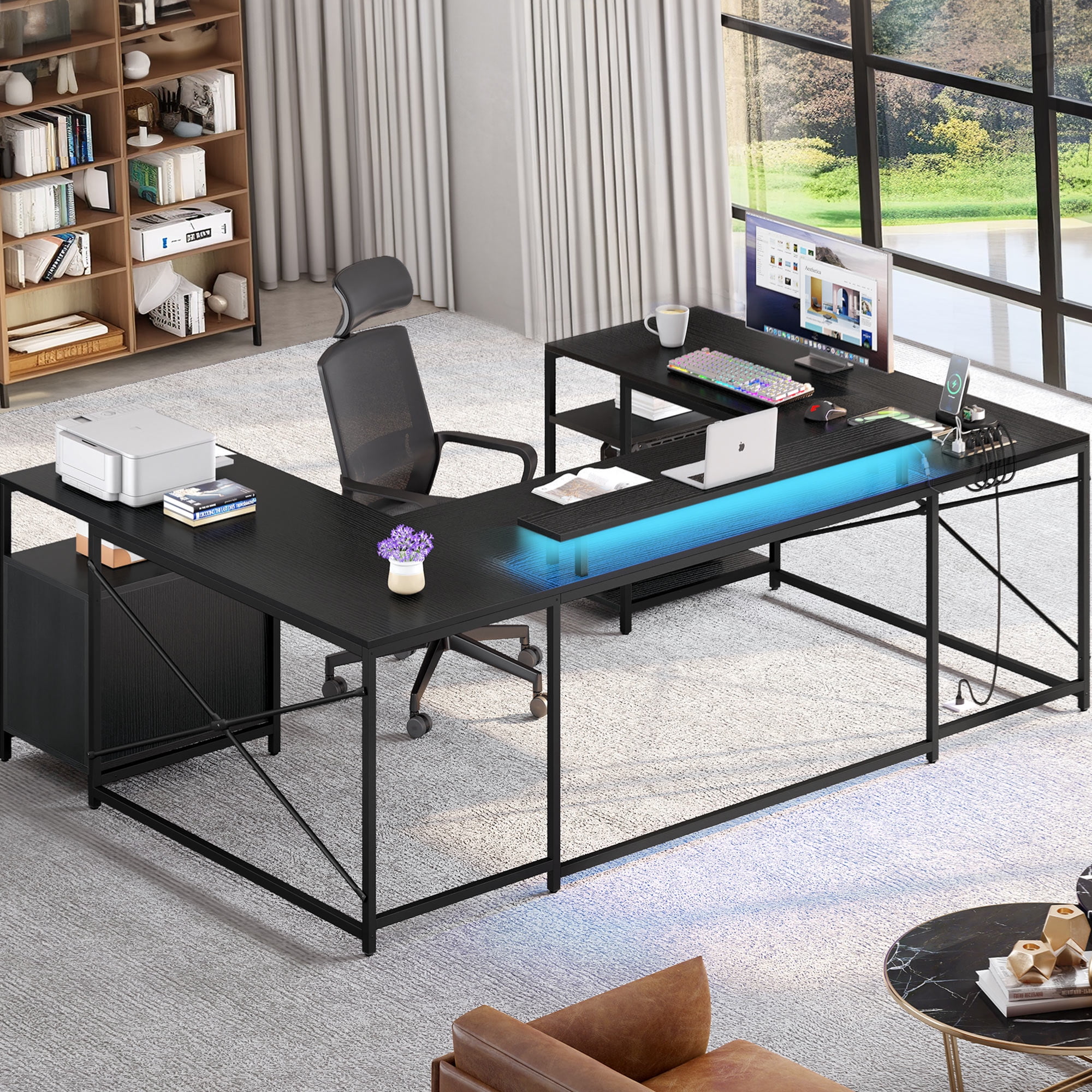 Dextrus L Shaped Desk with Power Outlets & LED Lights, Reversible Computer Desk with Drawers & Storage Shelves, Large U Shaped Desk, Black - Image 7