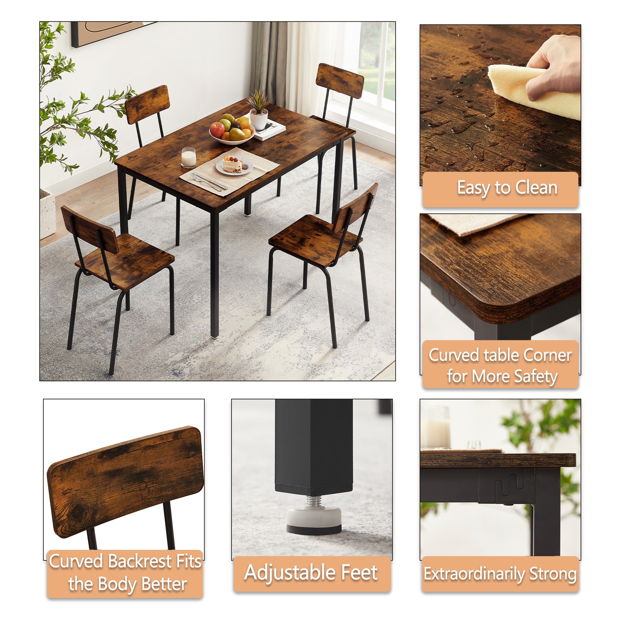 DEALTOPS 5-Piece Dining Room Table Set, Compact Wooden Kitchen Table and 4 Chairs with Metal Legs Dinette Sets, Industrial Style Kitchen Table and Chairs for Dining Room & Small Space - Image 11