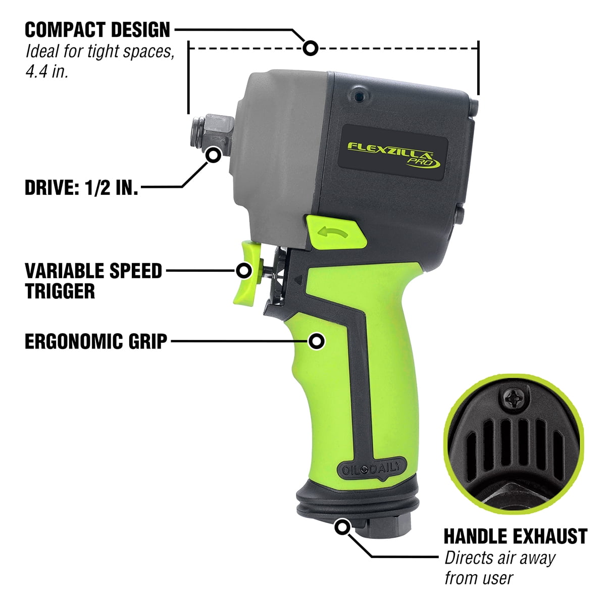 Flexzilla® Pro Mini Impact Wrench, 1/2" Drive, with Flexzilla Pro High Flow Ball Swivel Plug, ZillaGreen™ - Image 2