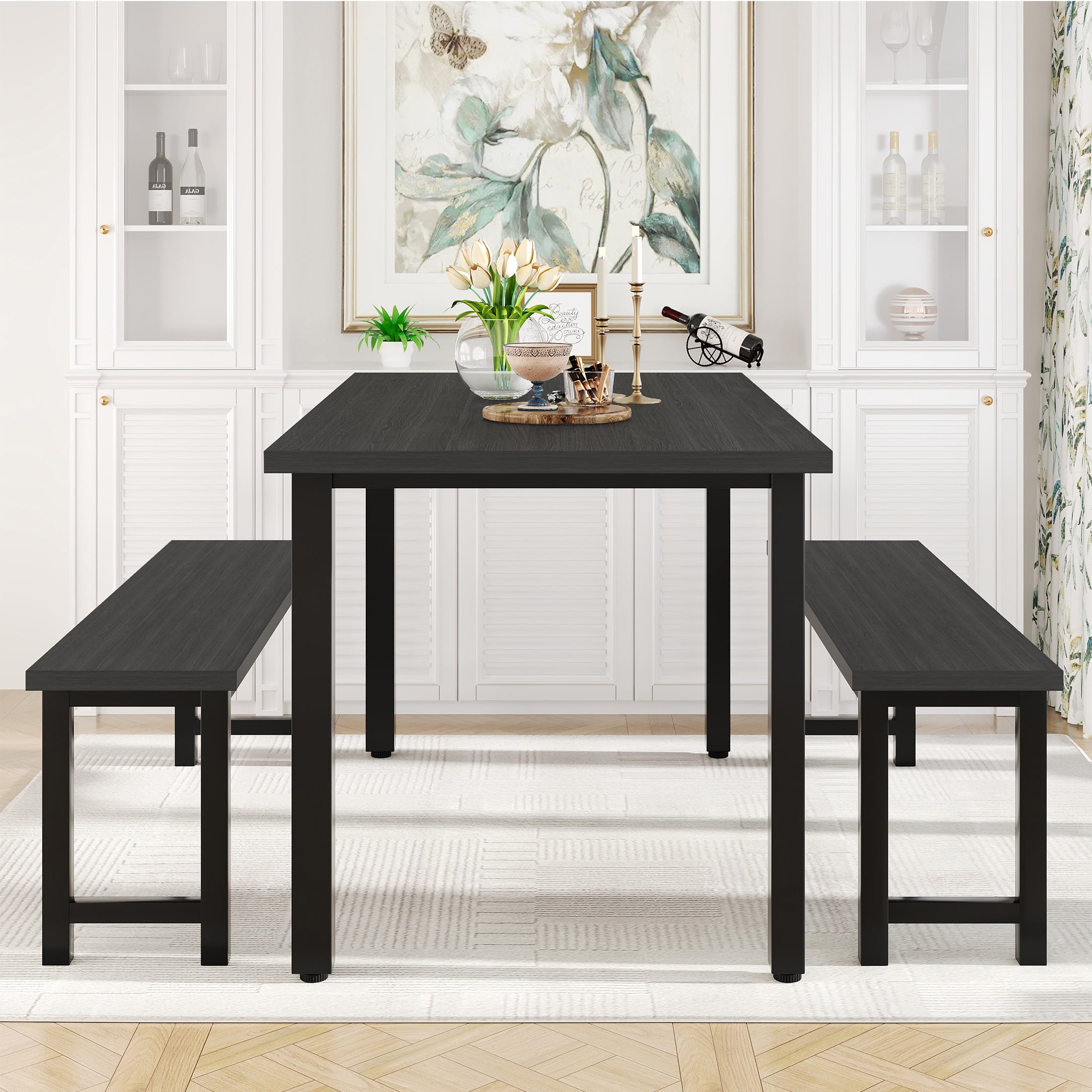 UHOMEPRO Dining Table Set for 4, 3-Piece Kitchen Table Set with 2 Benches, Modern Dining Room Table Set with Metal Frame, Breakfast Nook Furniture Set for Home Cafeteria Bar Dining Room, Black - Image 7