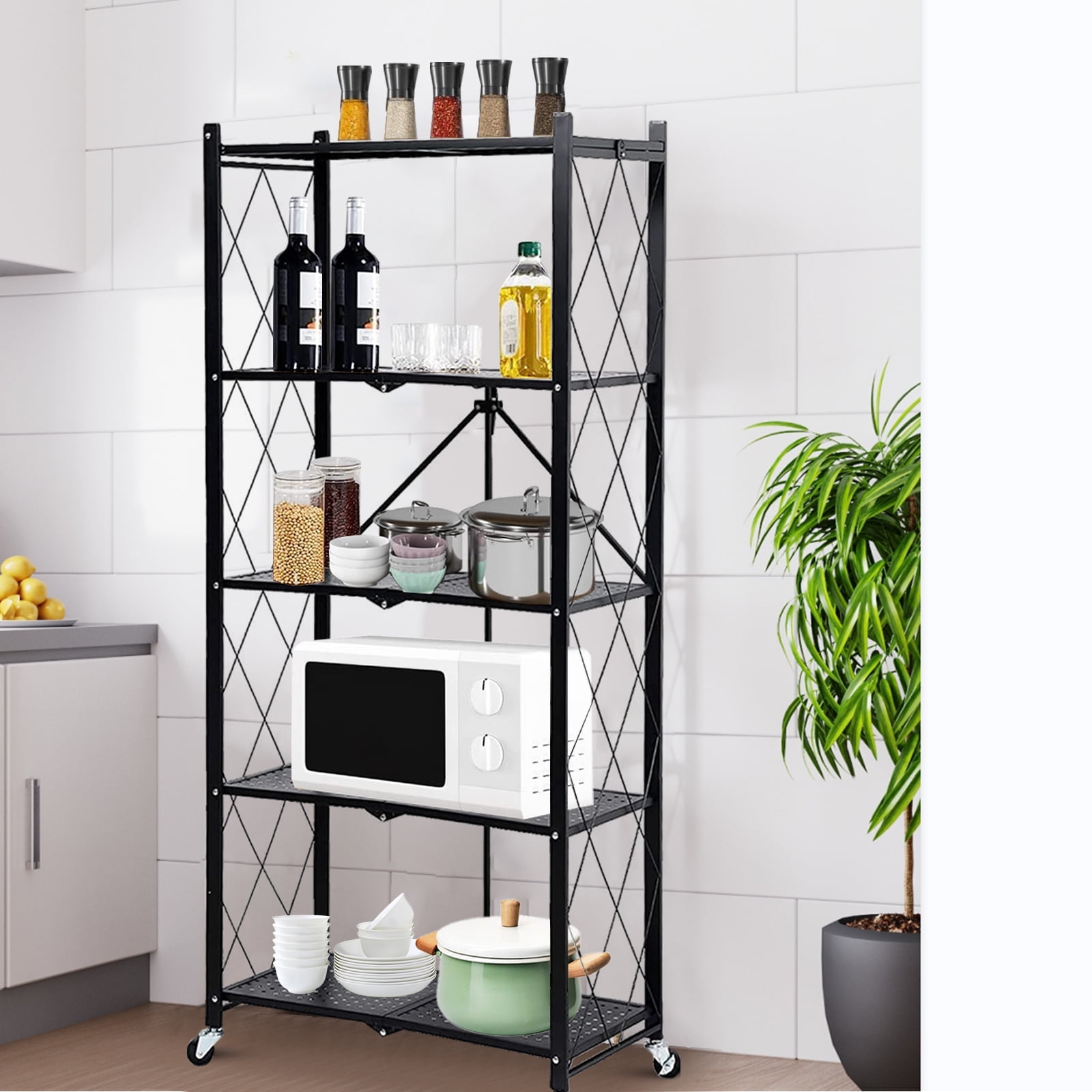 SUGIFT Storage Shelves, 5-Tier Foldable Metal Garage Shelf with Wheels, Kitchen Shelf with 3 Hooks, Black - Image 5