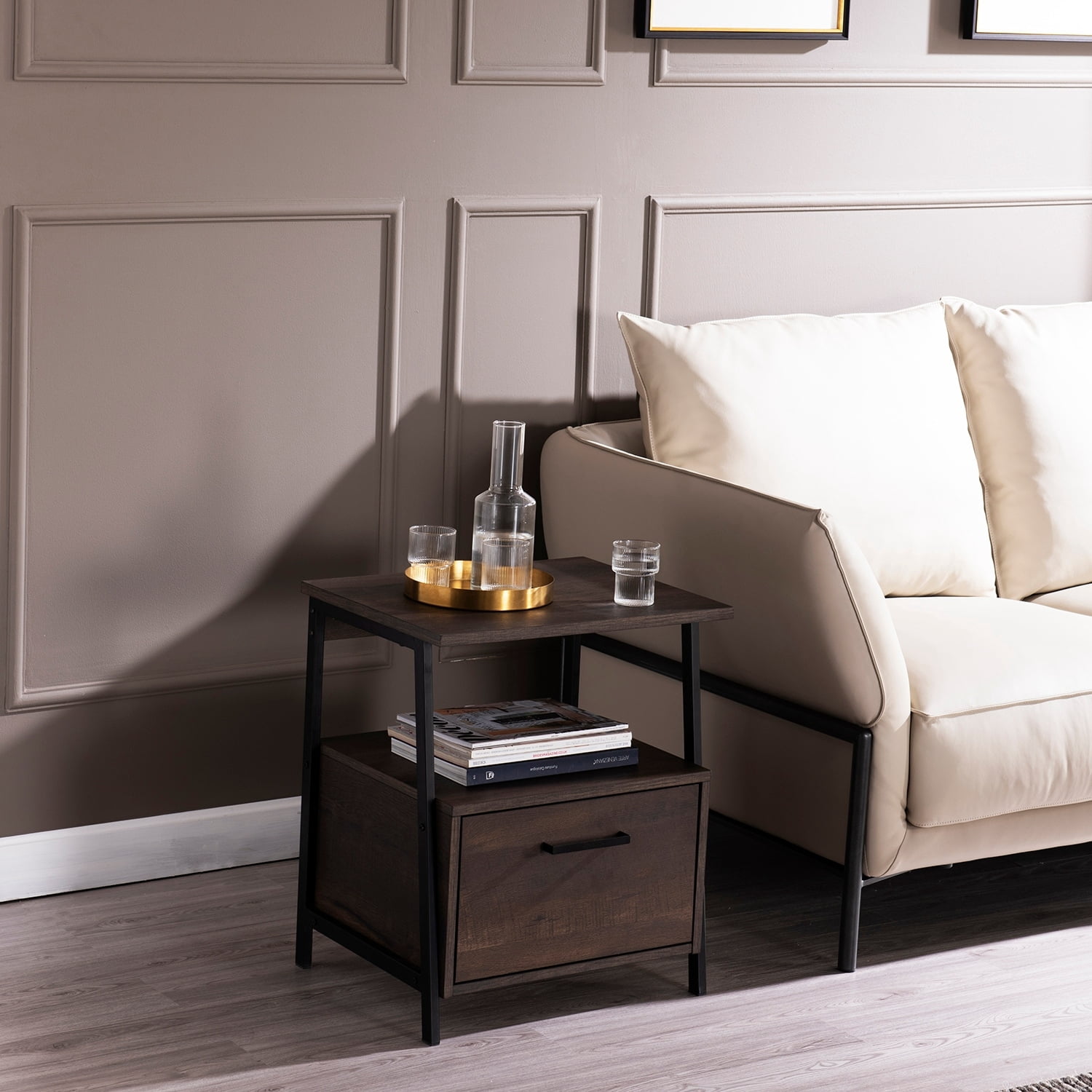 Caffoz Smith Series Smoky Oak End Table Nightstand w/Storage Shelf & Drawer, Wooden Accent Table for Bedroom, Living Room - Image 5