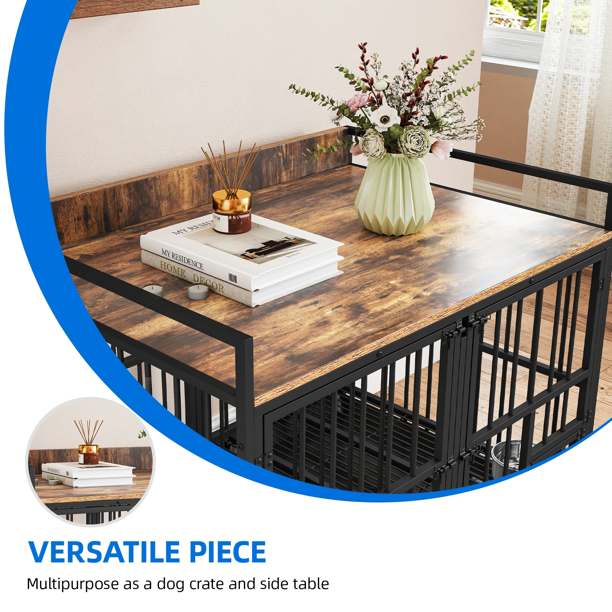 Uforic 37" Dog Crate Furniture with 360° Rotatable Feeding Bowl & 360° Wheels, Wooden Indoor Dog Kennel with Removable Divider,Rustic Brown - Image 4