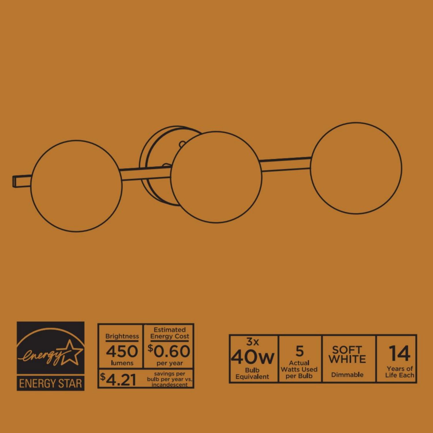 Better Homes & Gardens Modern Vanity Light, Brass Finish, Frosted Glass Shades, T6 LED Bulbs - Image 3